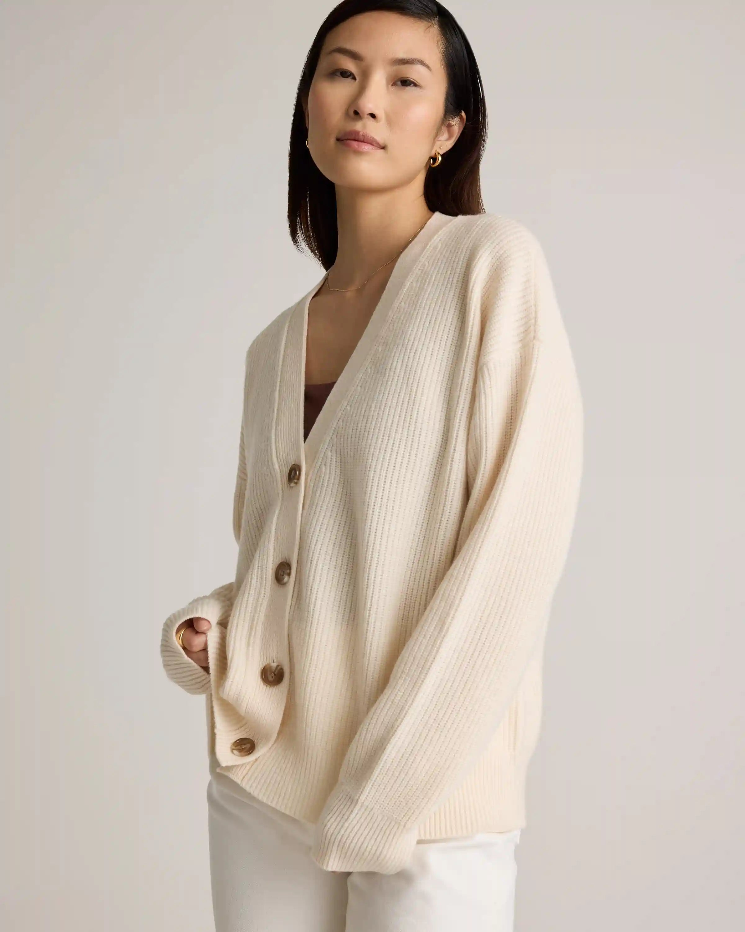 Mongolian Cashmere Fisherman Boxy Cropped Cardigan Sweater