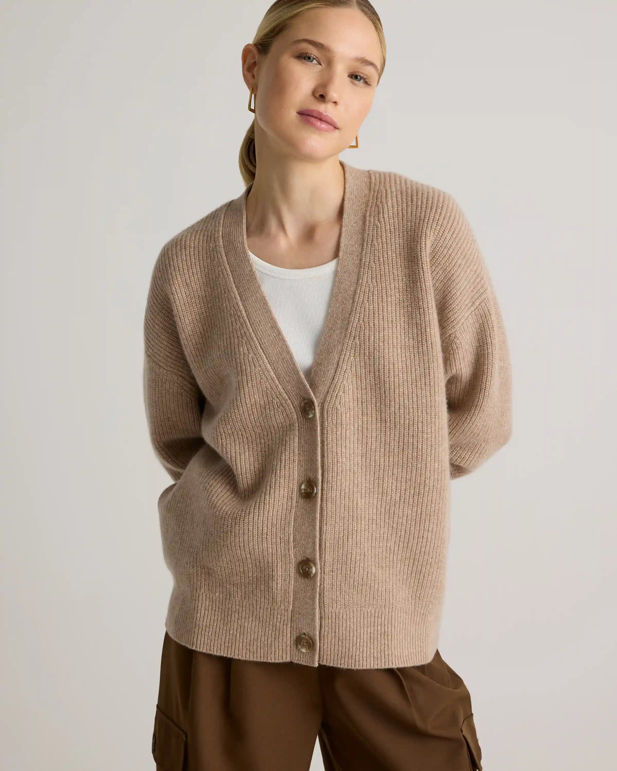 Mongolian Cashmere Fisherman Boxy Cropped Cardigan Sweater