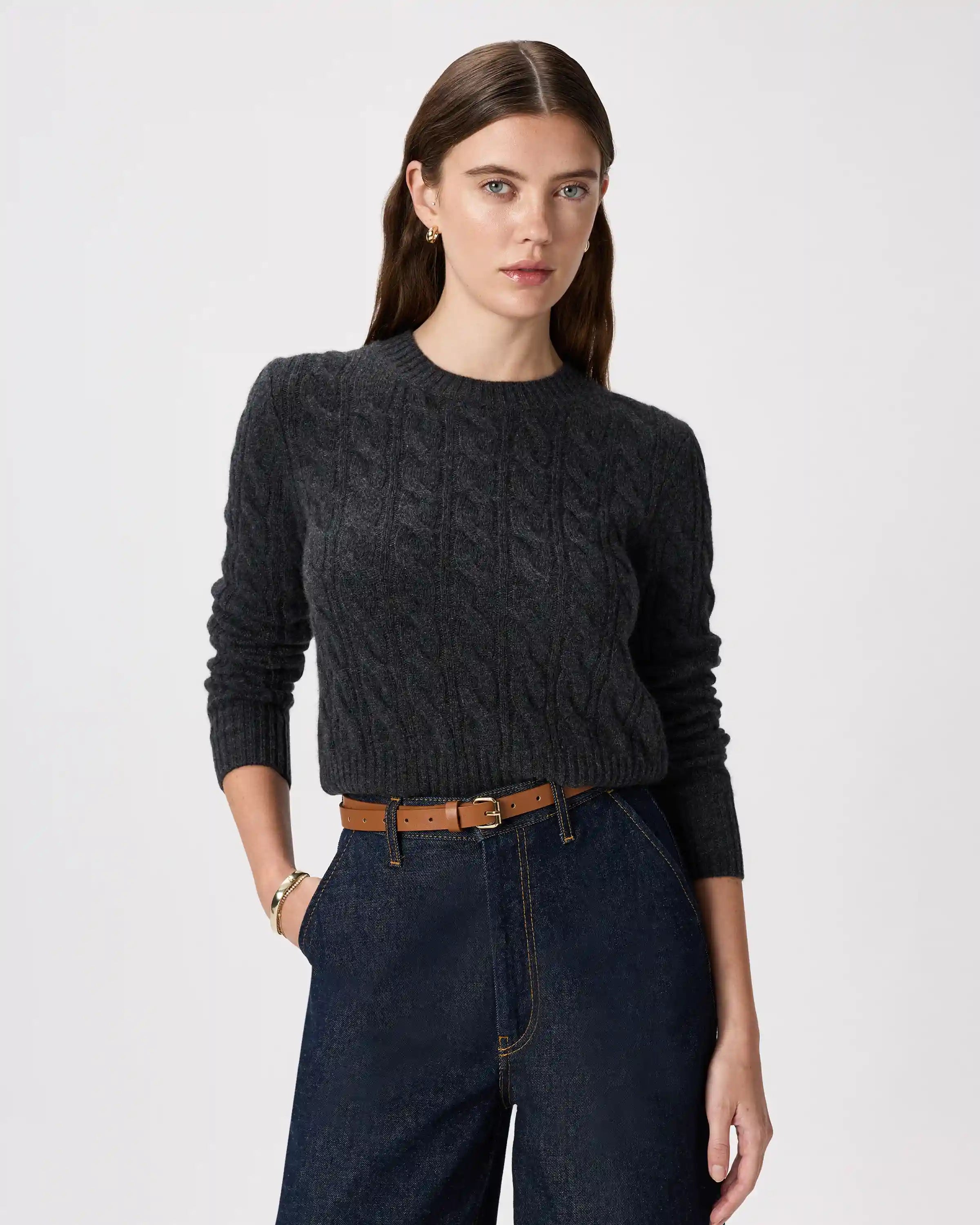 Mongolian Cashmere Shrunken Cable Crewneck Sweater