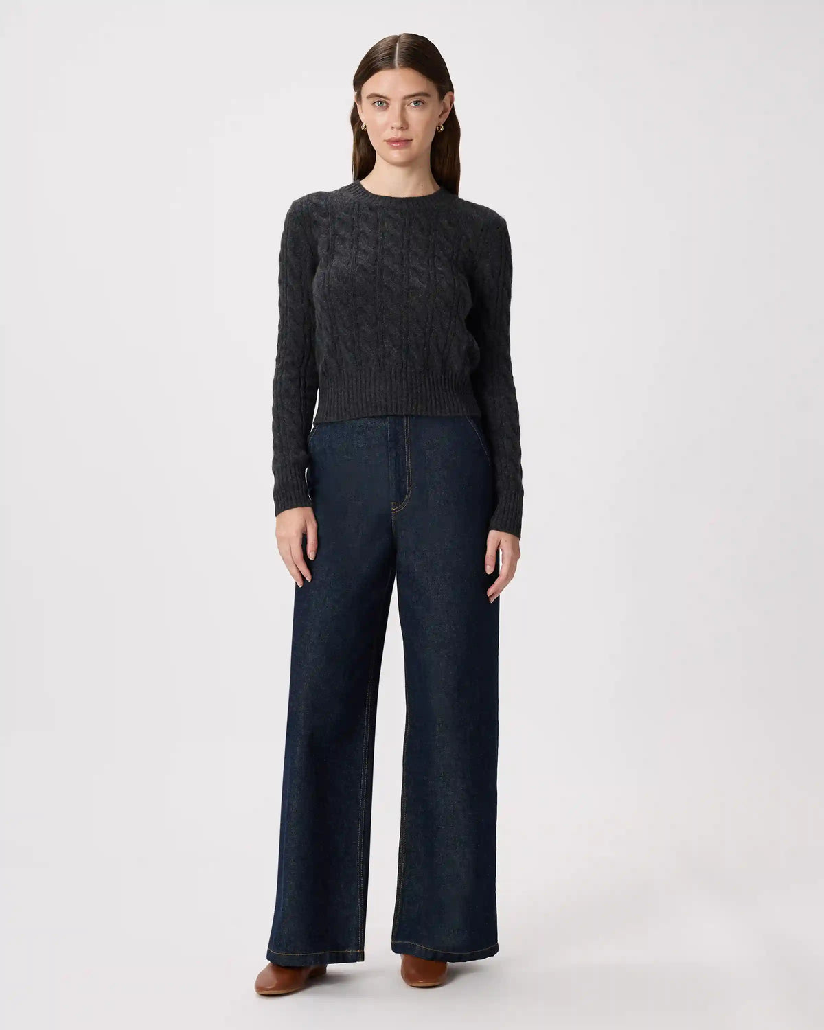 Mongolian Cashmere Shrunken Cable Crewneck Sweater