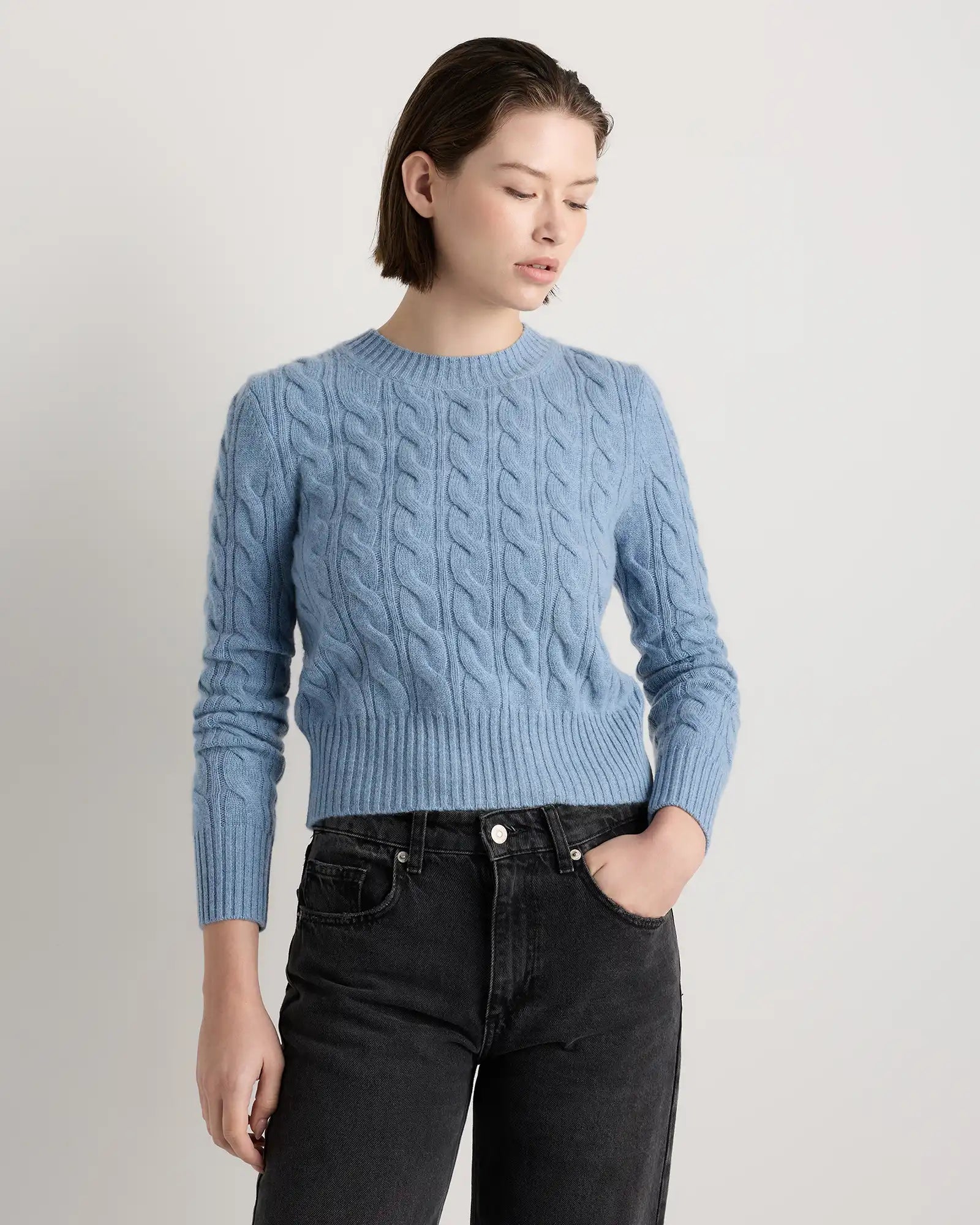 Mongolian Cashmere Shrunken Cable Crewneck Sweater