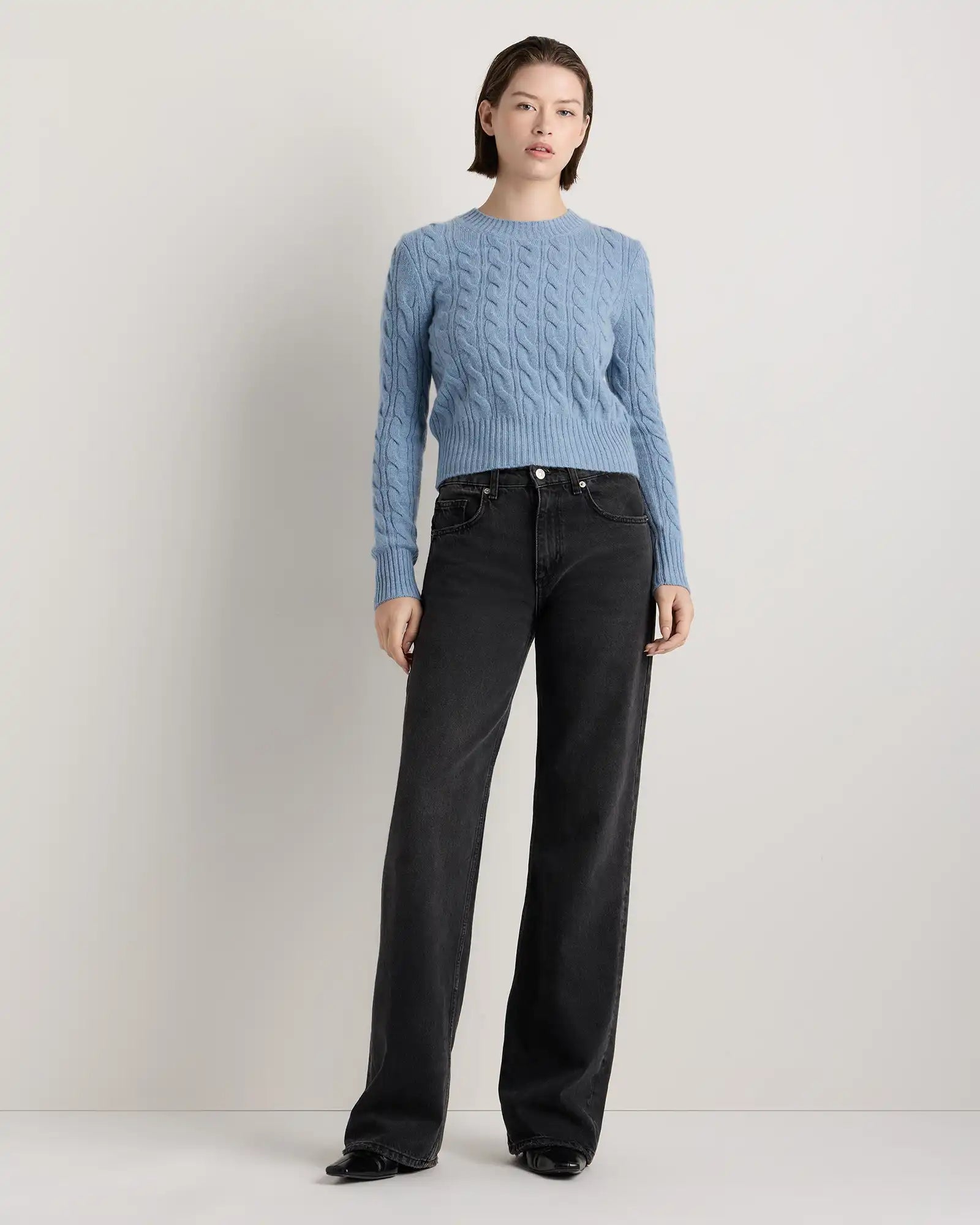 Mongolian Cashmere Shrunken Cable Crewneck Sweater