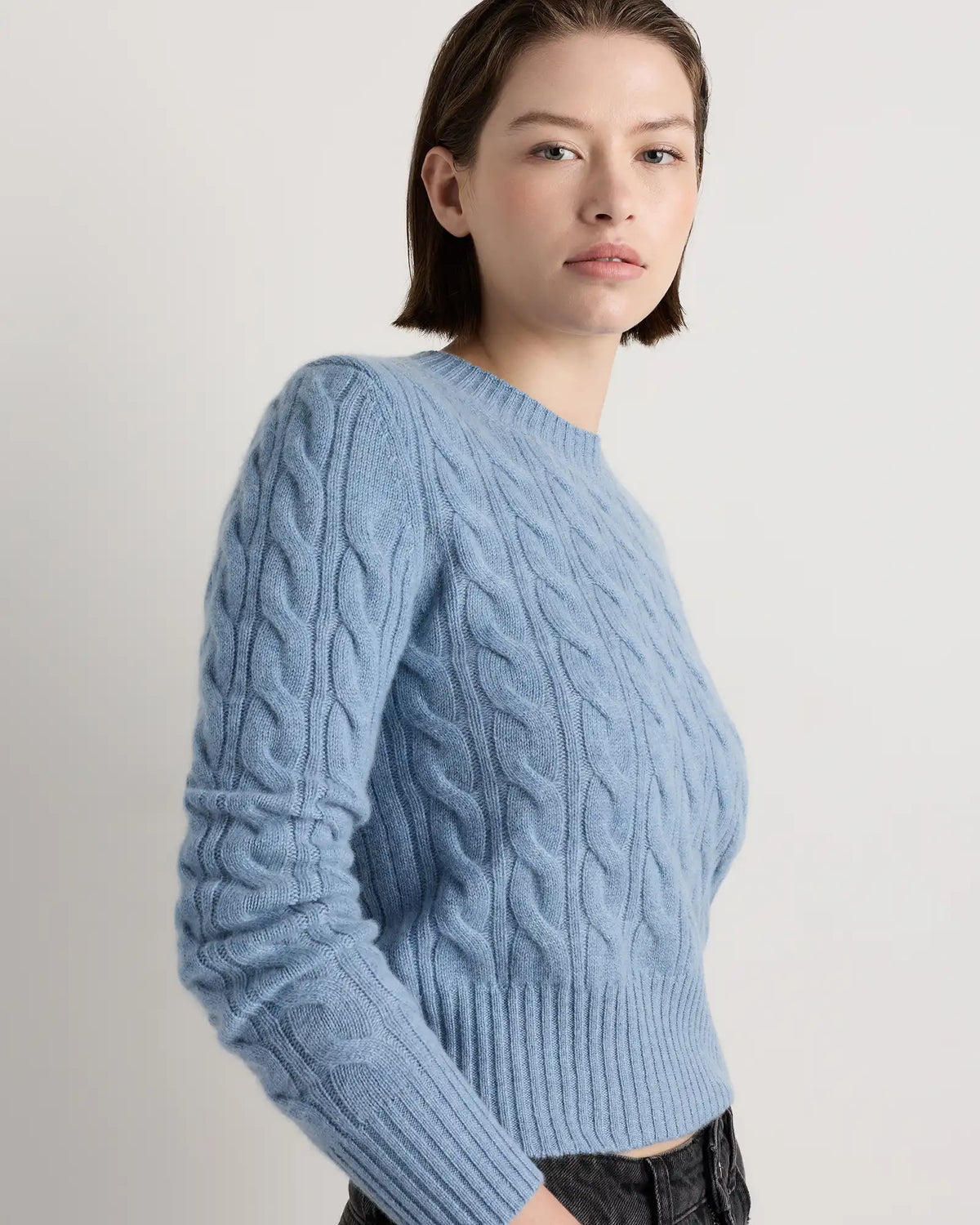 Mongolian Cashmere Shrunken Cable Crewneck Sweater