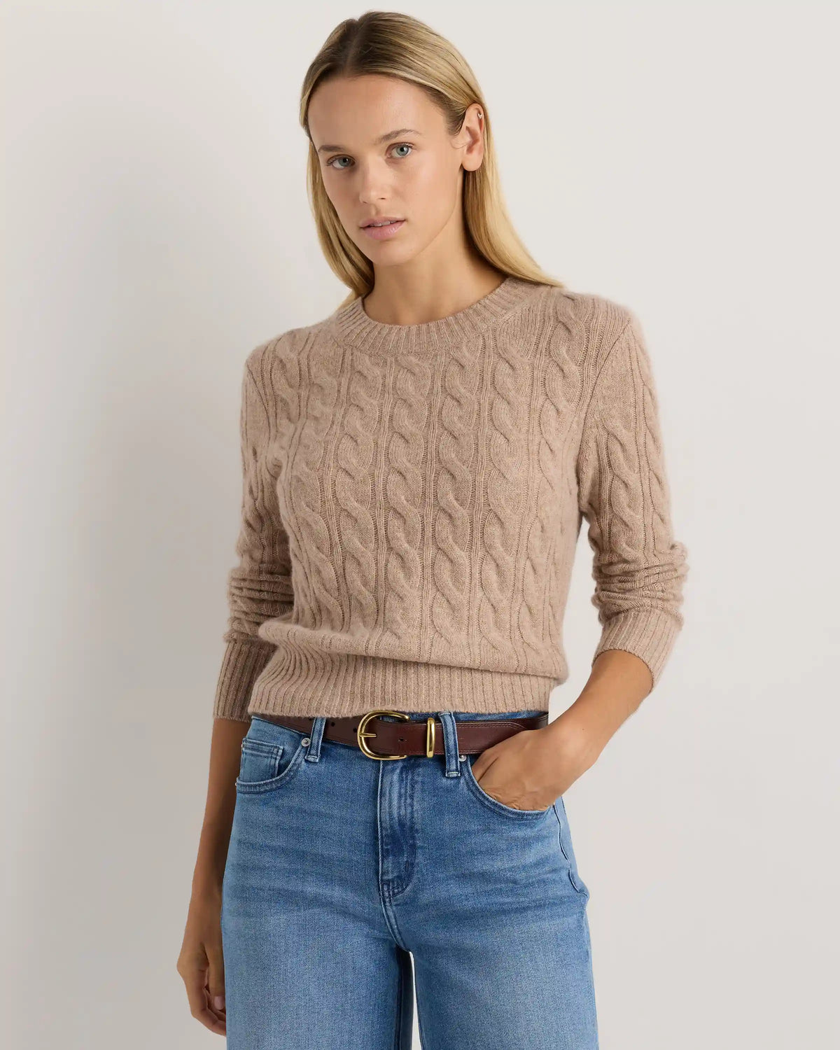 Mongolian Cashmere Shrunken Cable Crewneck Sweater