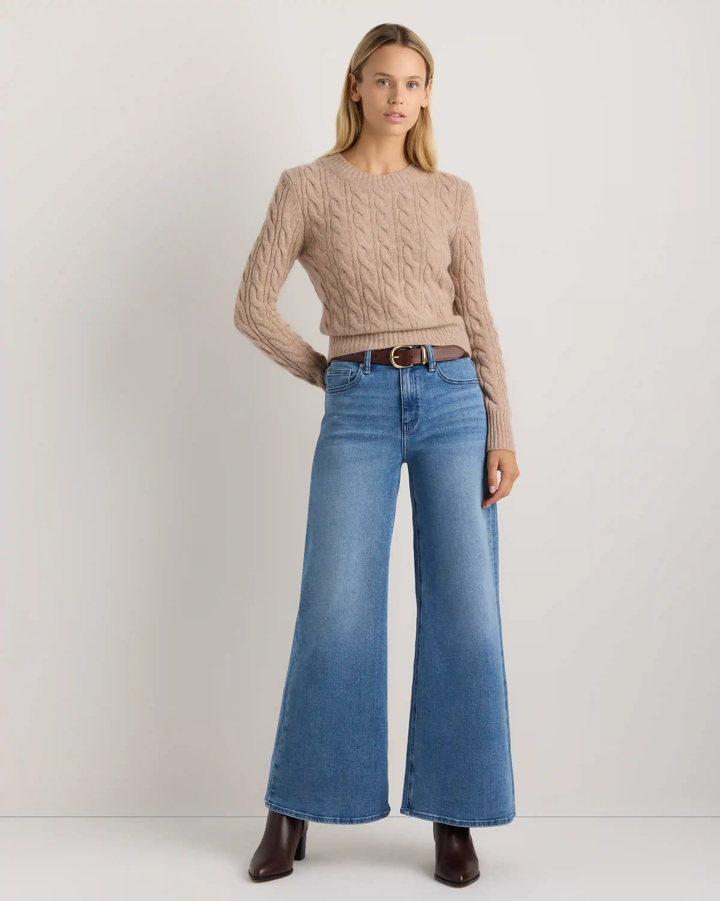 Mongolian Cashmere Shrunken Cable Crewneck Sweater