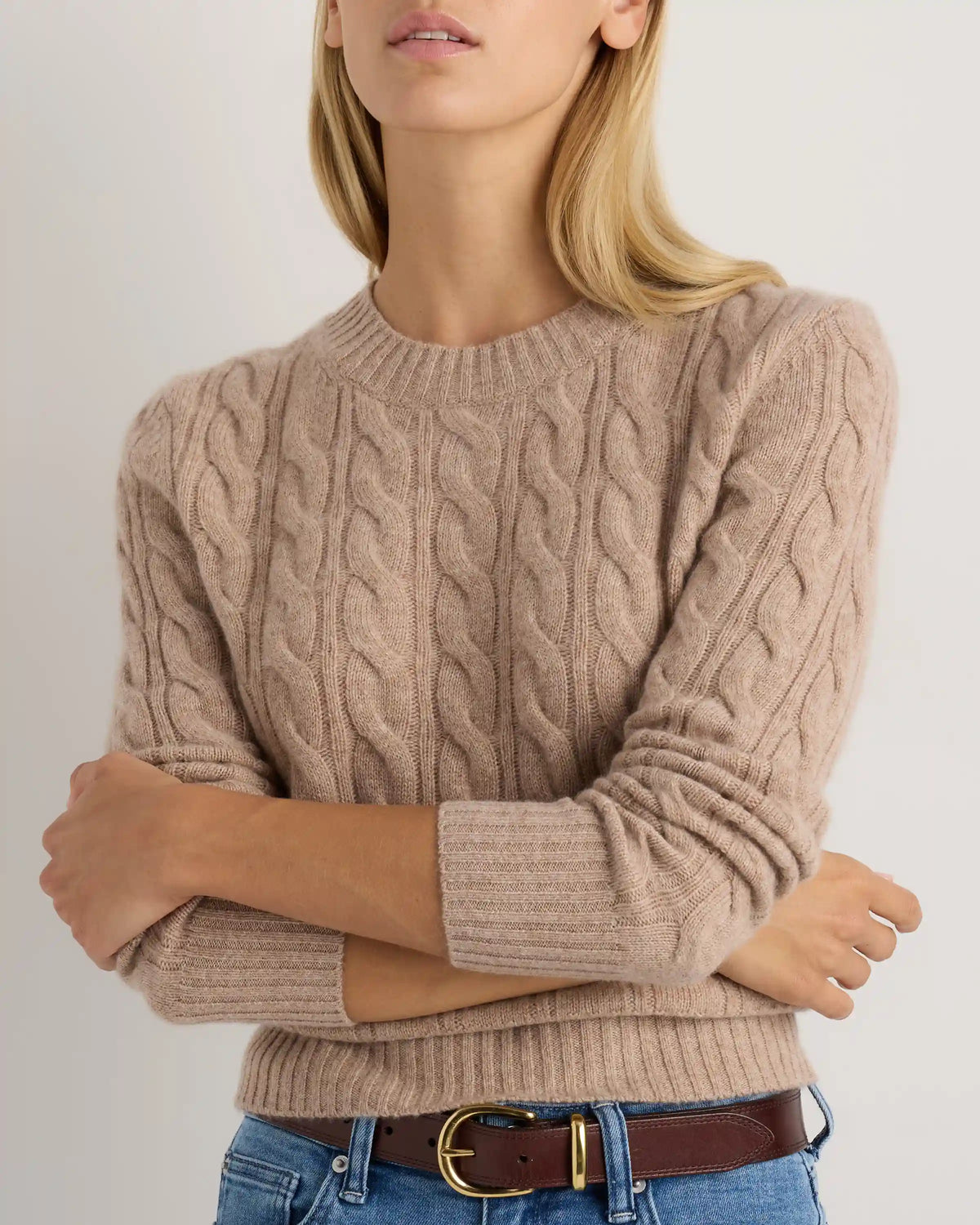 Mongolian Cashmere Shrunken Cable Crewneck Sweater