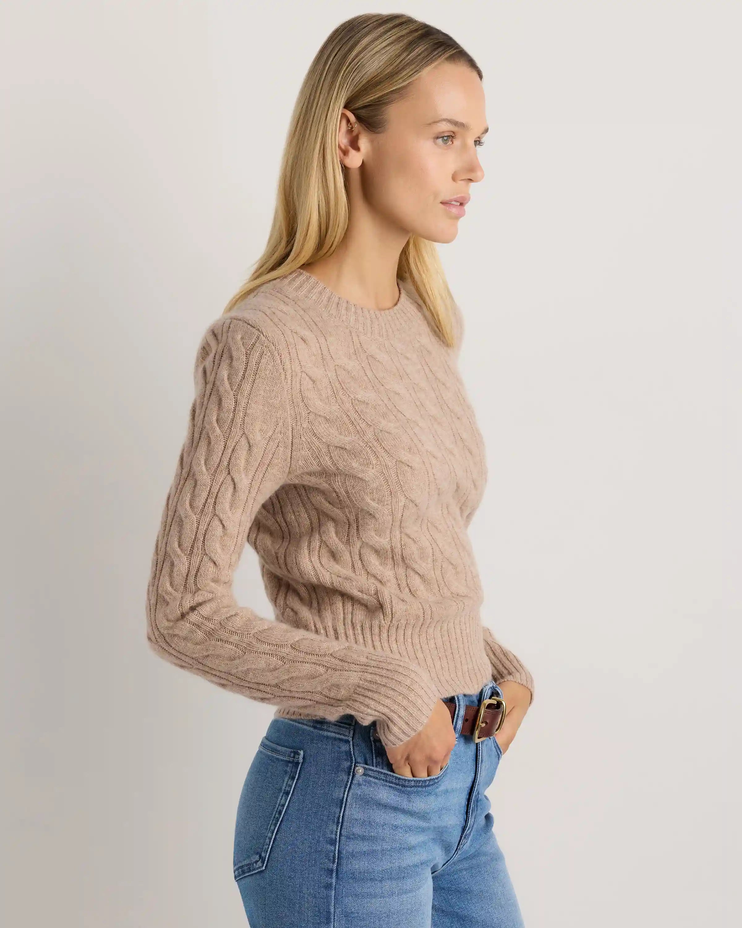 Mongolian Cashmere Shrunken Cable Crewneck Sweater