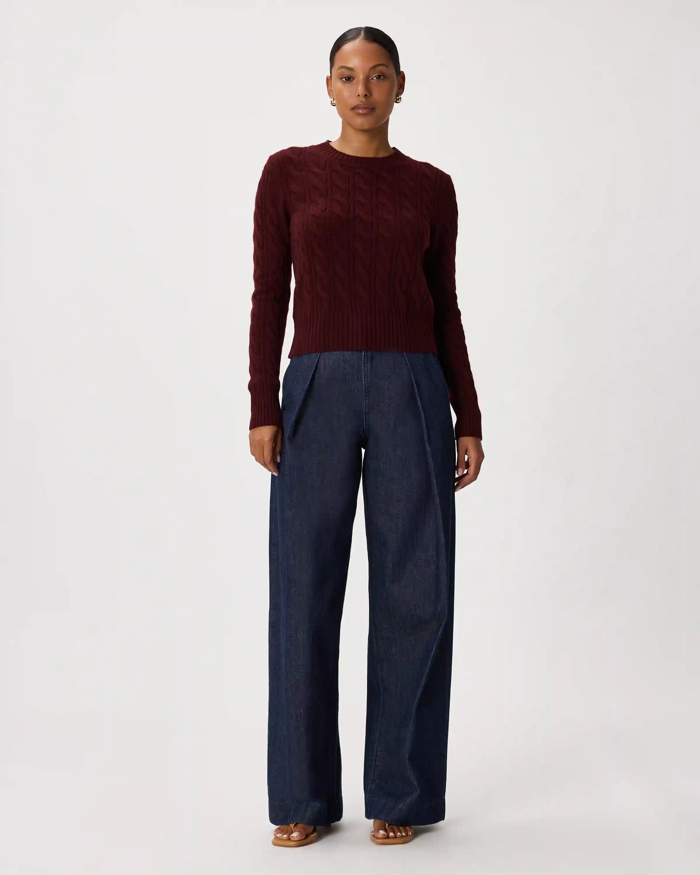 Mongolian Cashmere Shrunken Cable Crewneck Sweater