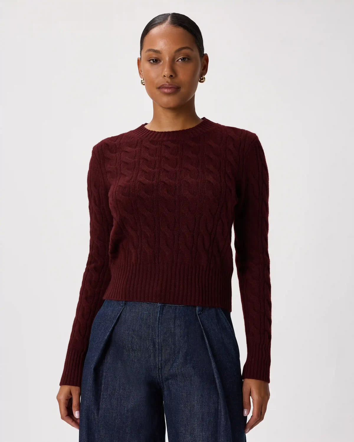 Mongolian Cashmere Shrunken Cable Crewneck Sweater