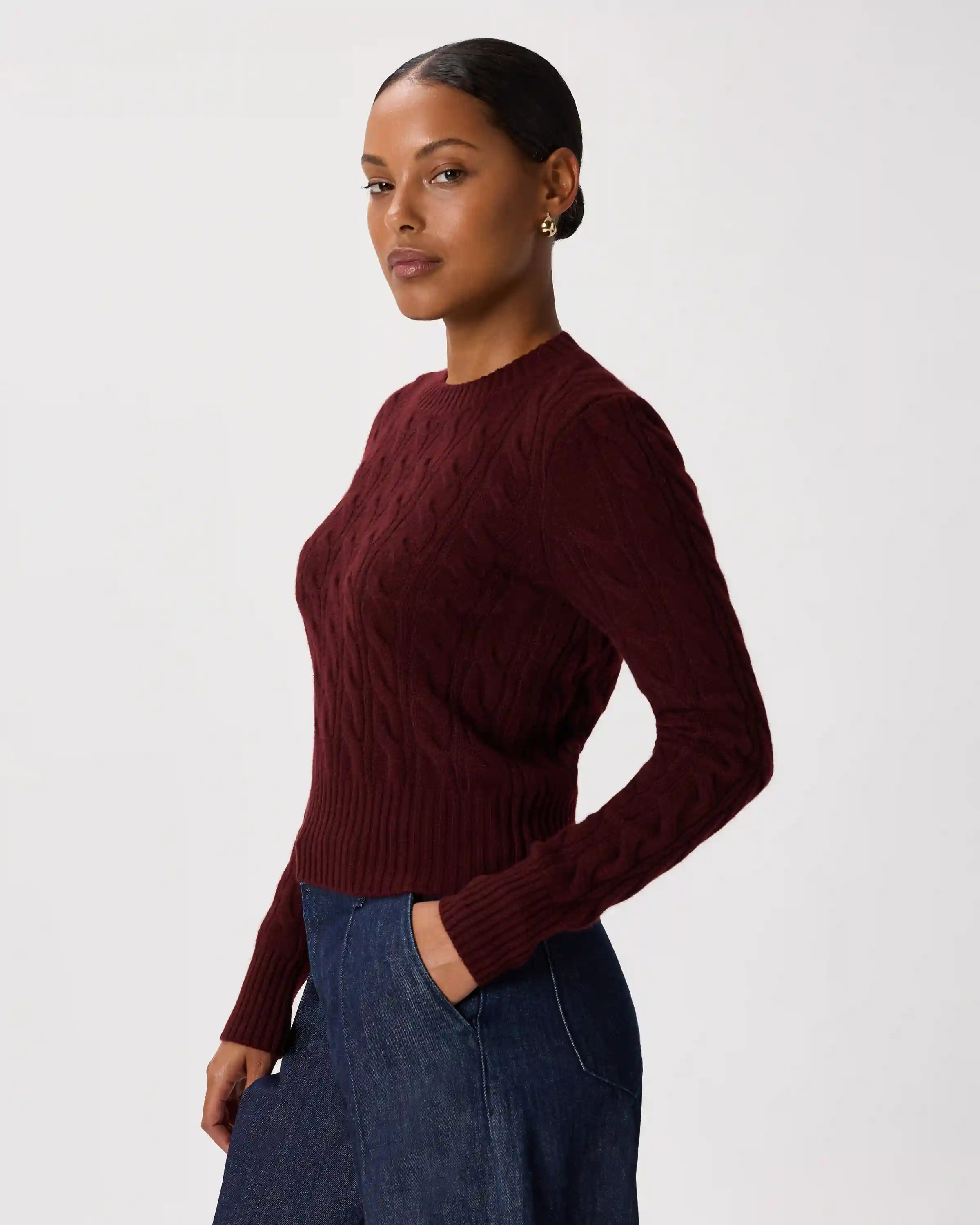 Mongolian Cashmere Shrunken Cable Crewneck Sweater