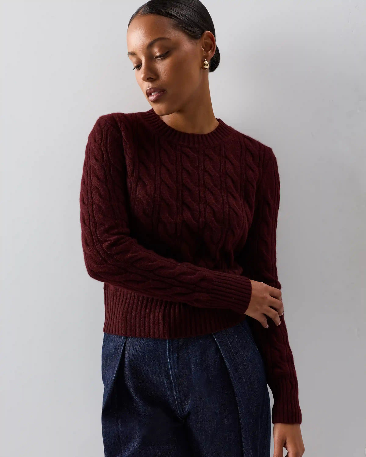 Mongolian Cashmere Shrunken Cable Crewneck Sweater