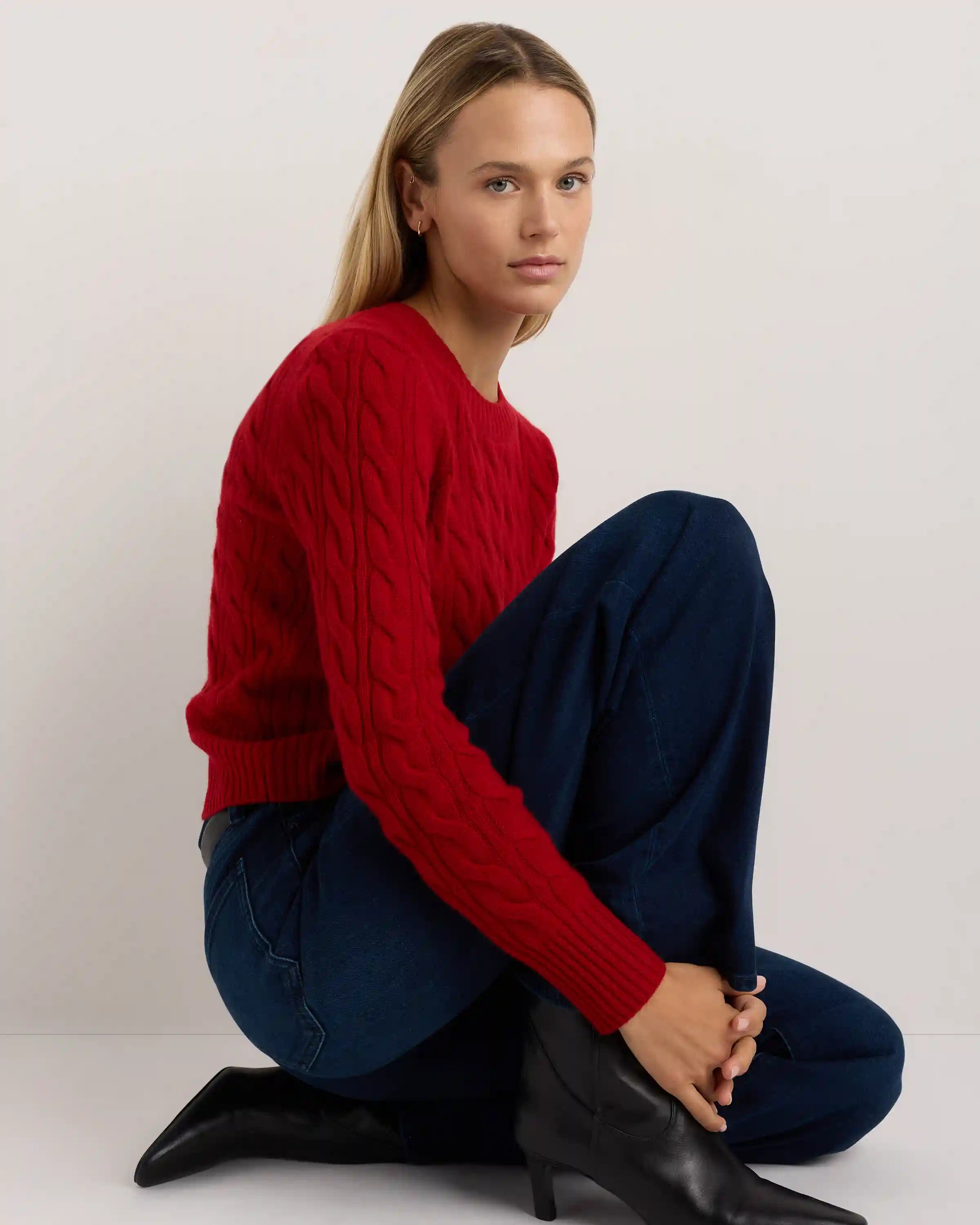 Mongolian Cashmere Shrunken Cable Crewneck Sweater