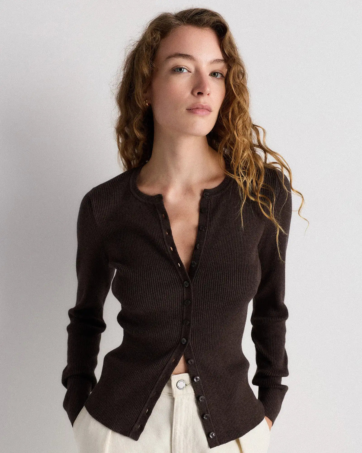 Cotton Cashmere Fitted Ribbed Cardigan