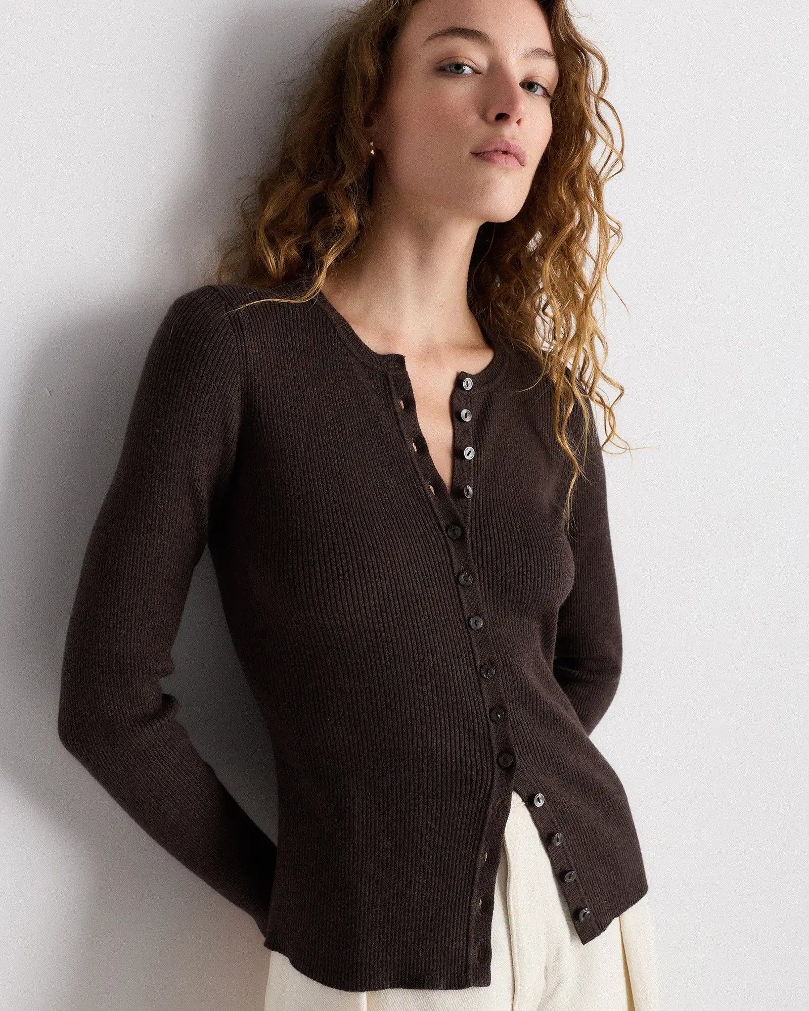 Cotton Cashmere Fitted Ribbed Cardigan