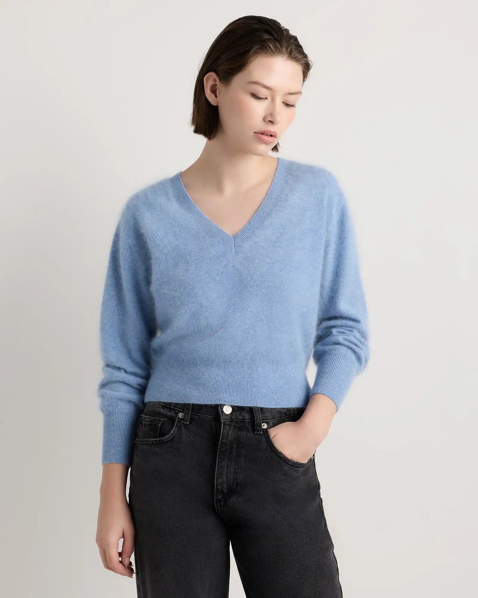 Brushed Cashmere Shrunken V-Neck Sweater