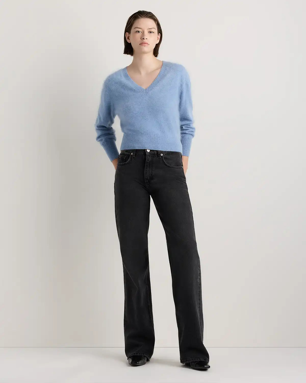 Brushed Cashmere Shrunken V-Neck Sweater