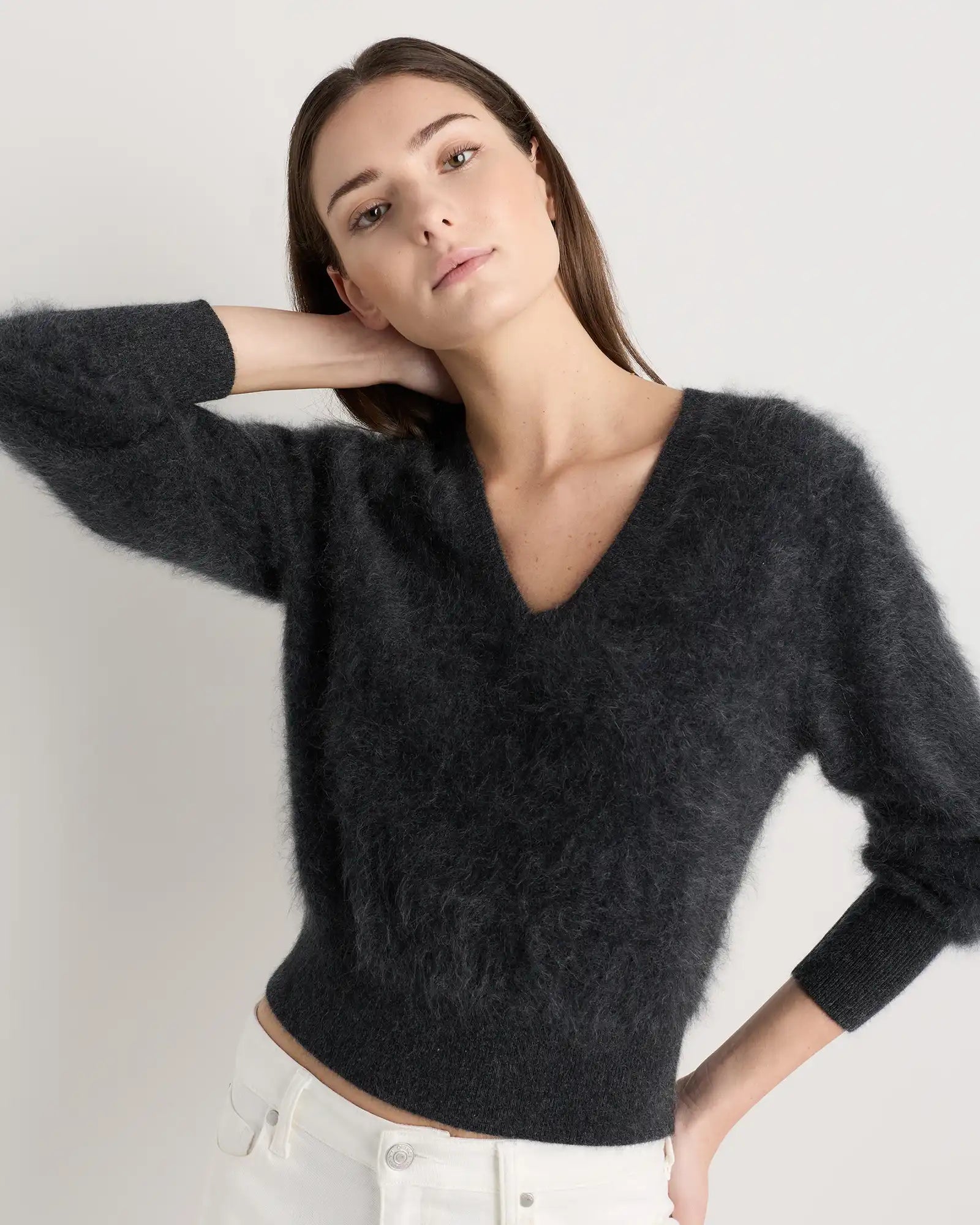 Brushed Cashmere Shrunken V-Neck Sweater