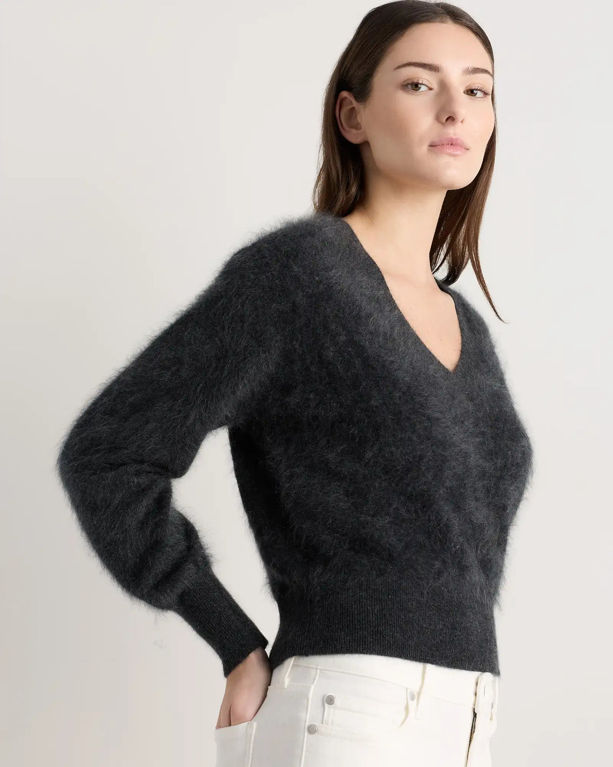 Brushed Cashmere Shrunken V-Neck Sweater