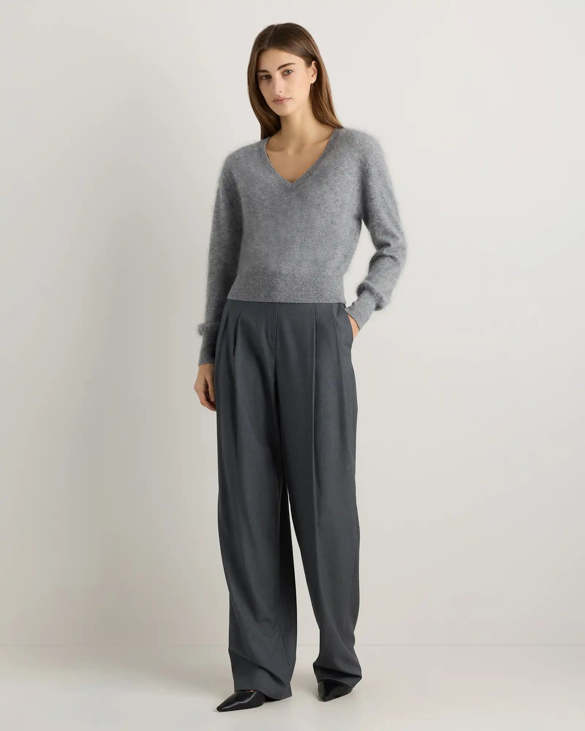 Brushed Cashmere Shrunken V-Neck Sweater