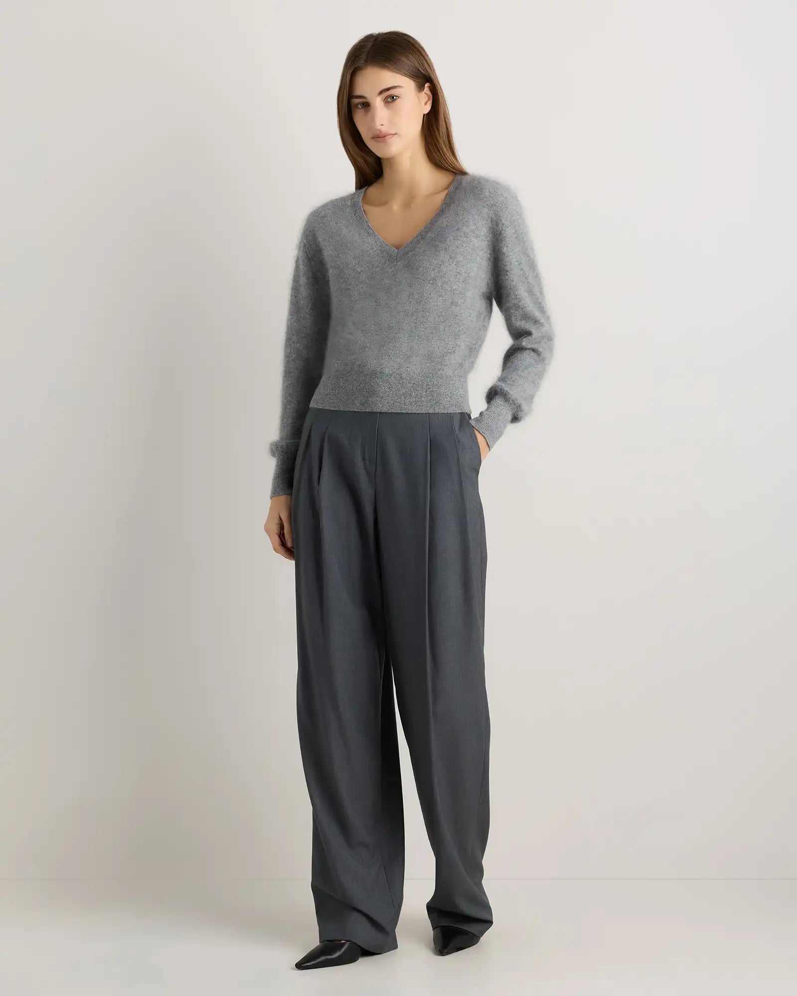 Brushed Cashmere Shrunken V-Neck Sweater