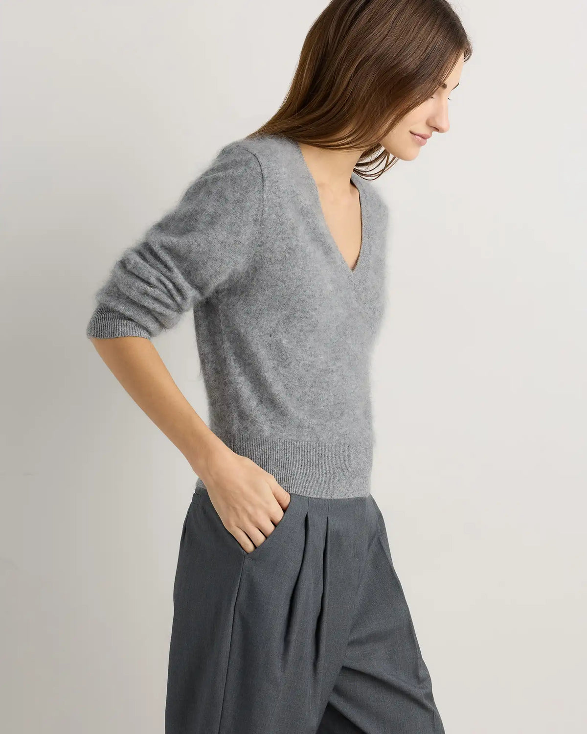 Brushed Cashmere Shrunken V-Neck Sweater