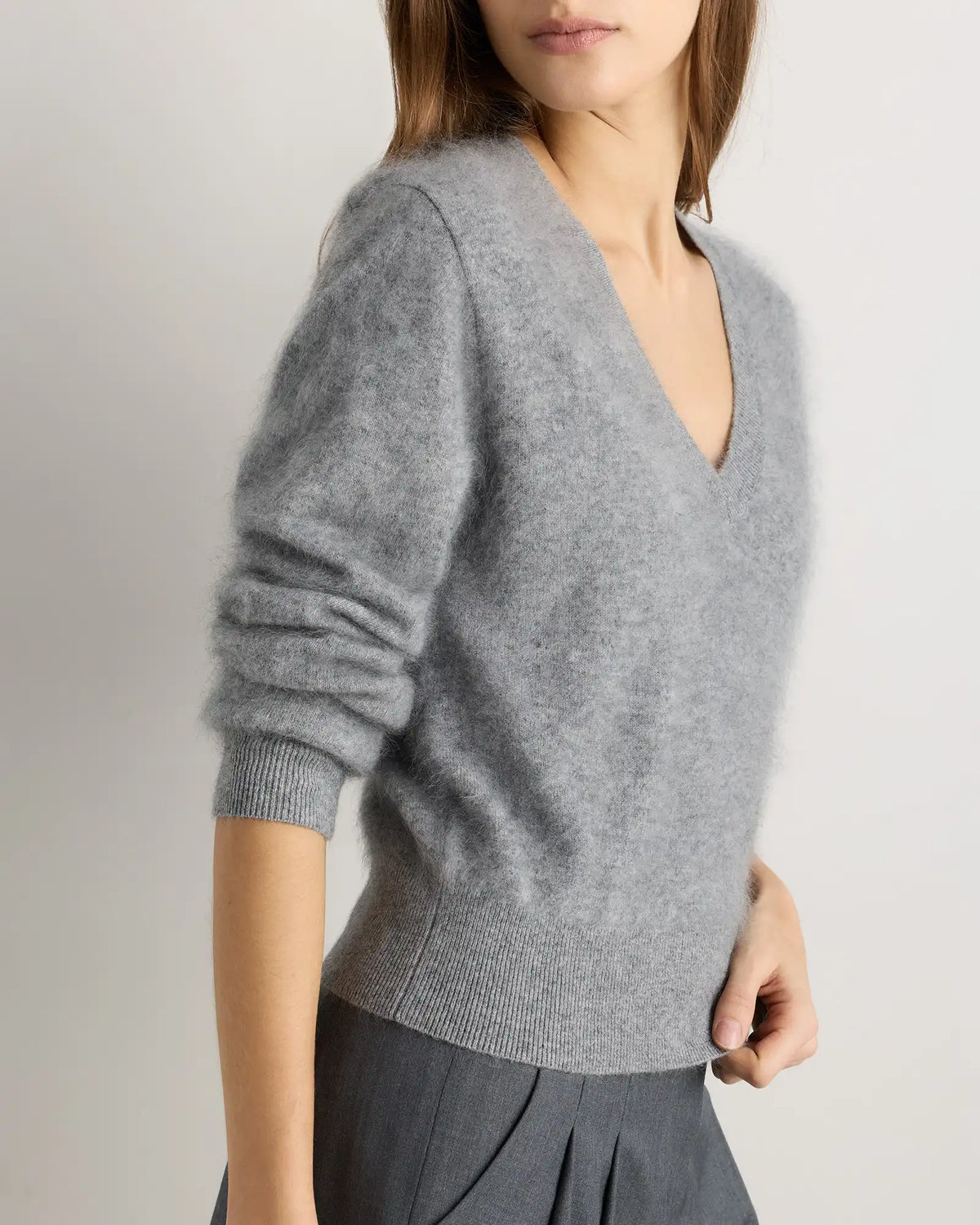 Brushed Cashmere Shrunken V-Neck Sweater