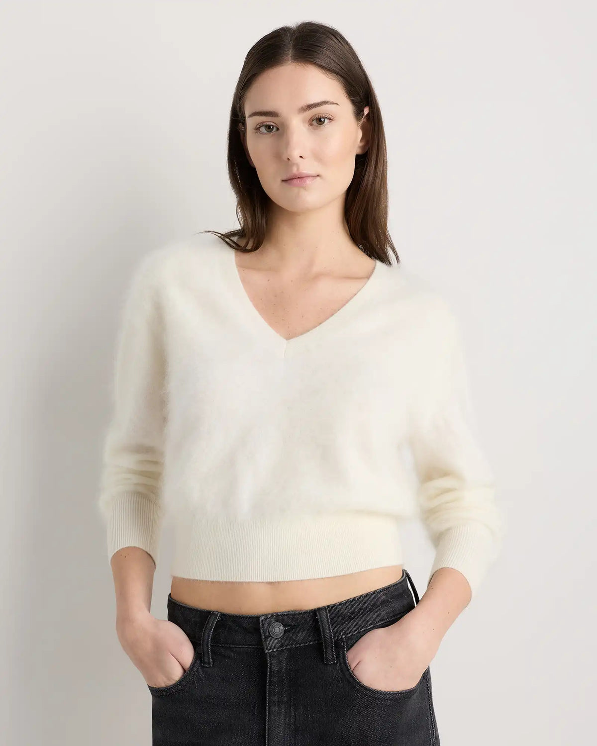Brushed Cashmere Shrunken V-Neck Sweater