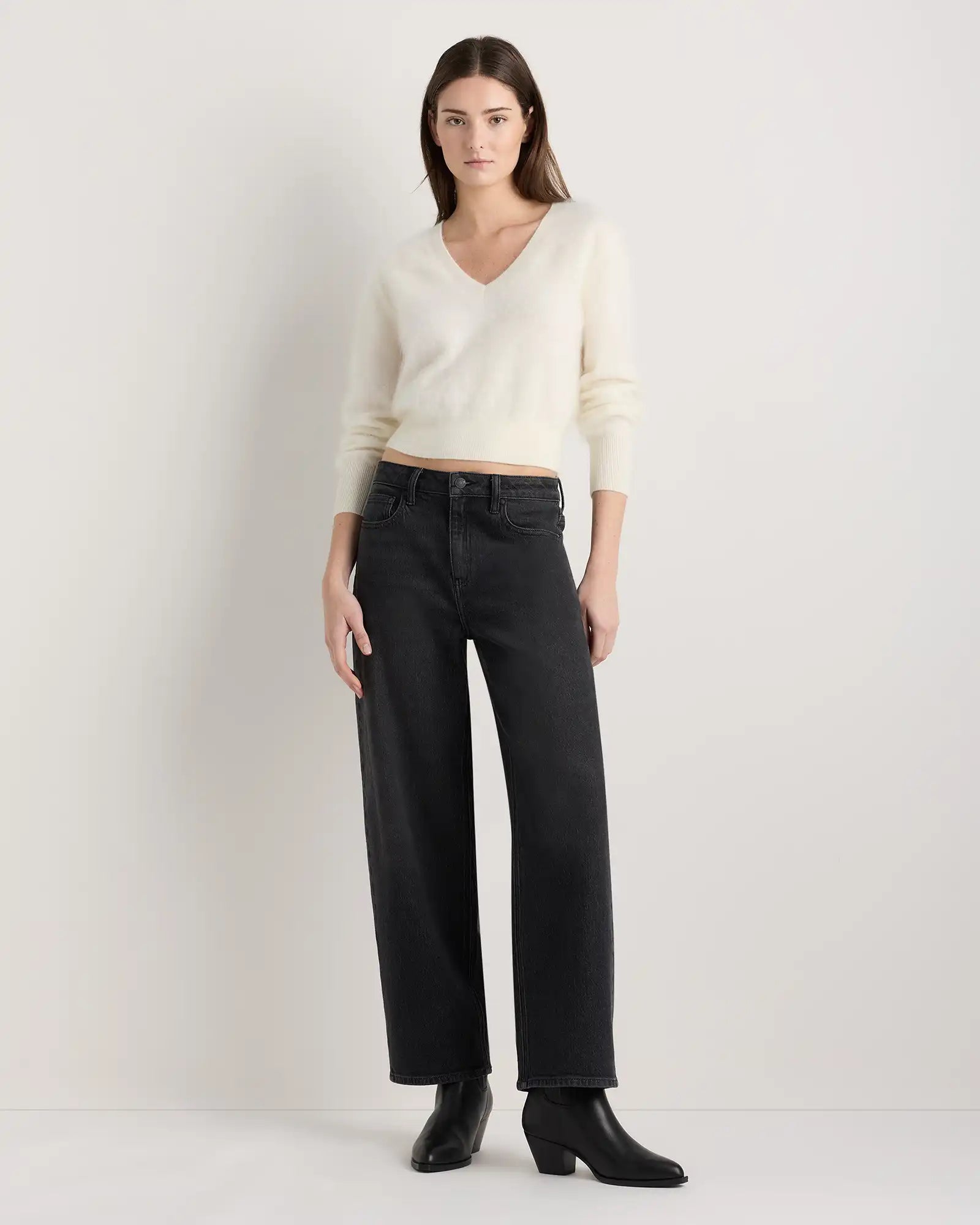 Brushed Cashmere Shrunken V-Neck Sweater
