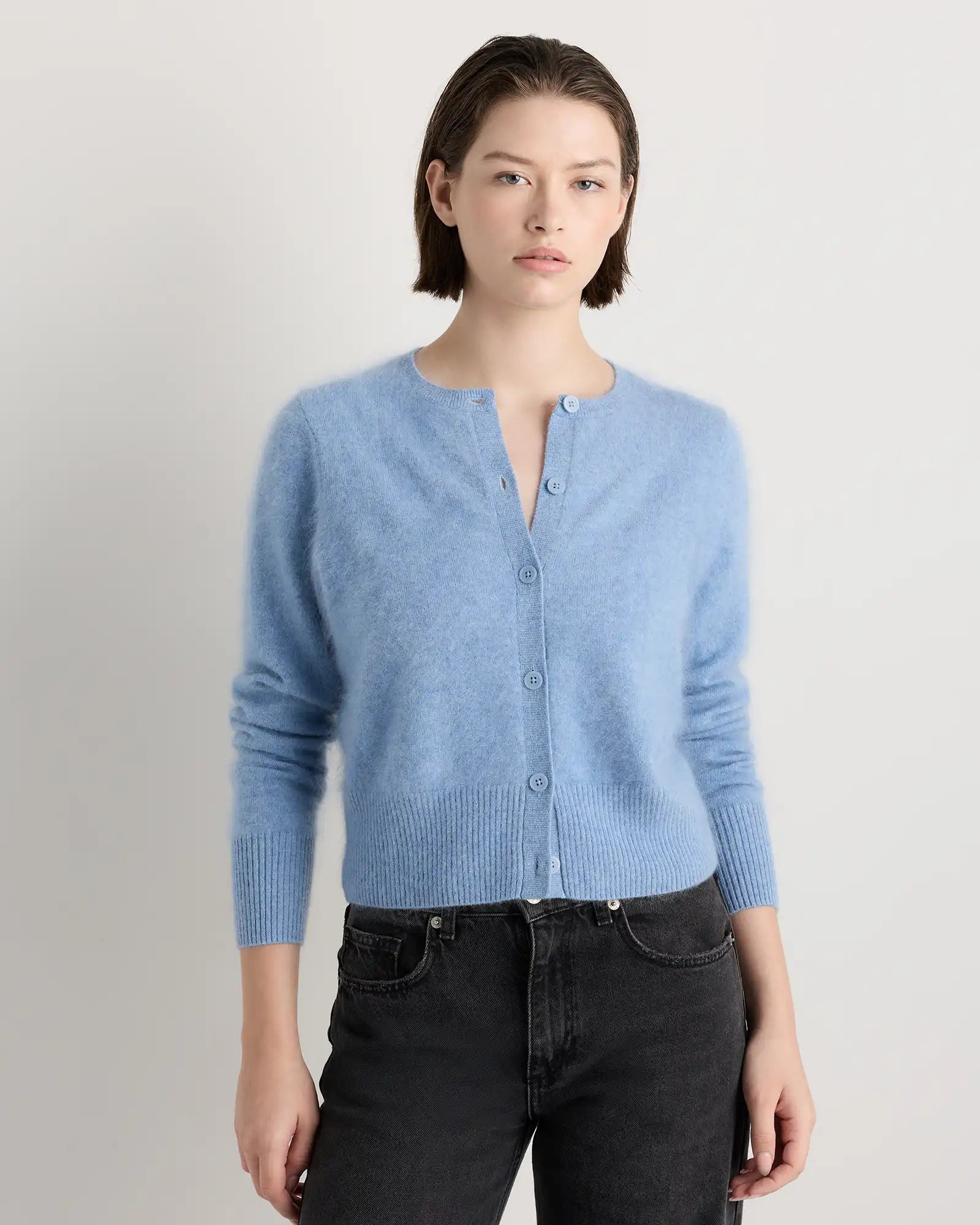 Brushed Cashmere Cropped Crewneck Cardigan