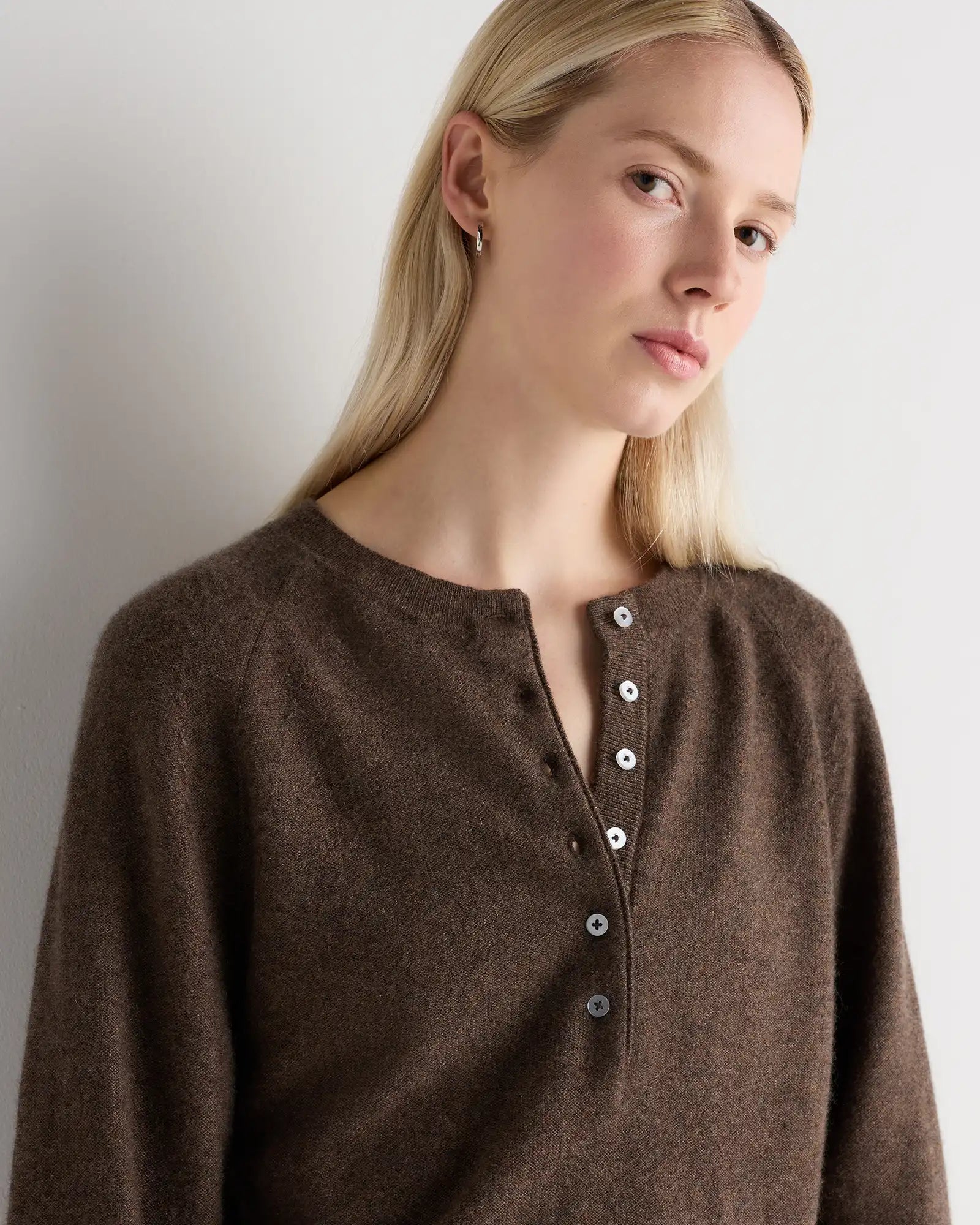 Mongolian Cashmere Dolman Sleeve Henley Sweater