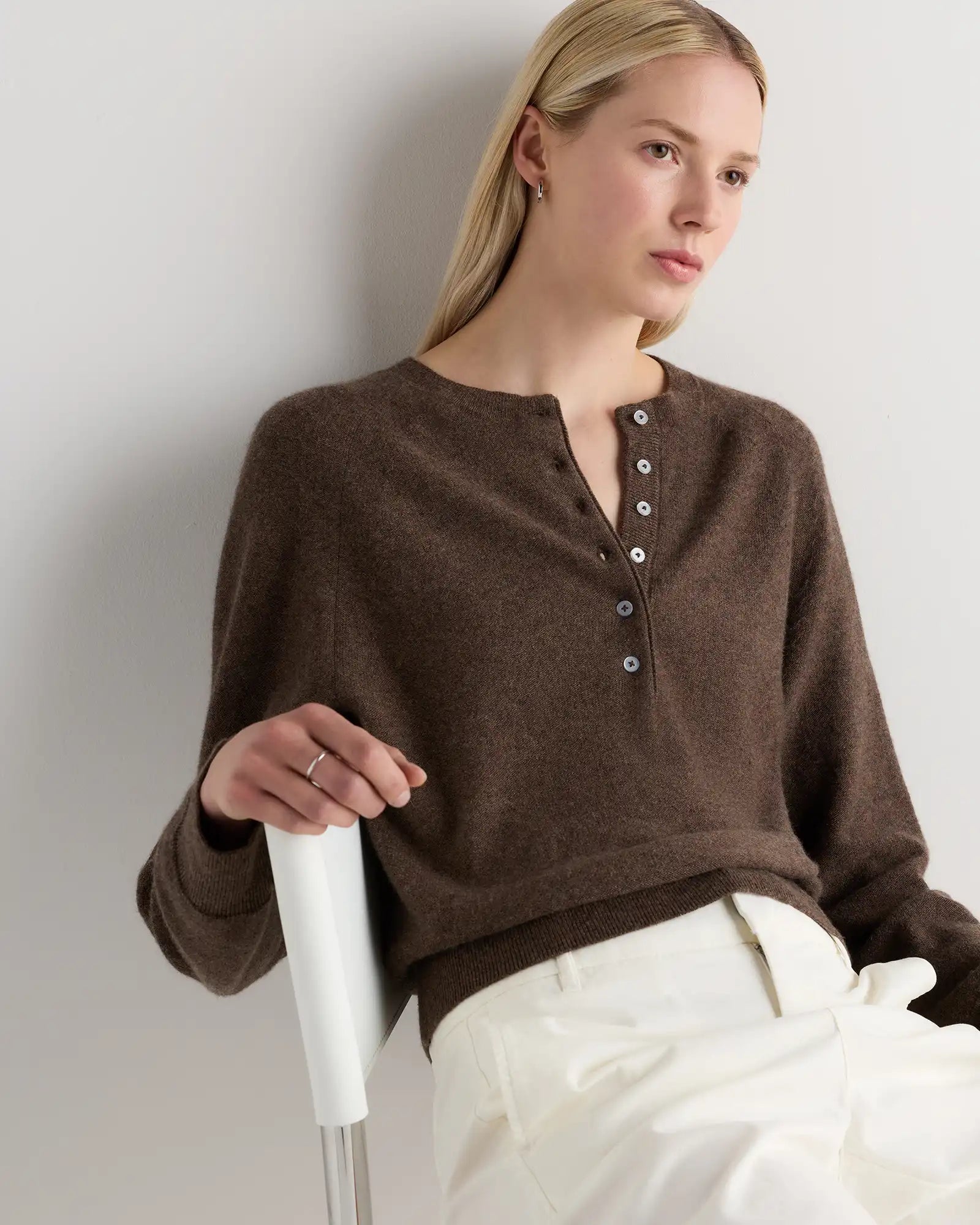 Mongolian Cashmere Dolman Sleeve Henley Sweater