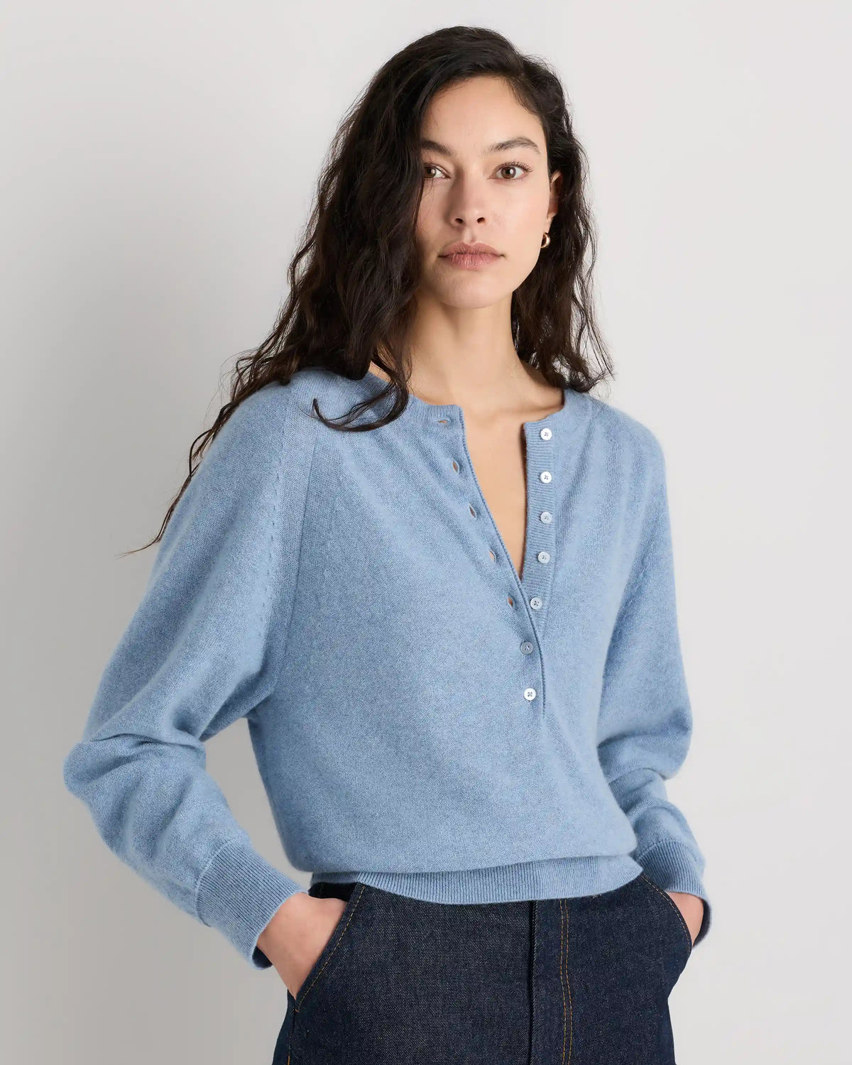 Mongolian Cashmere Dolman Sleeve Henley Sweater