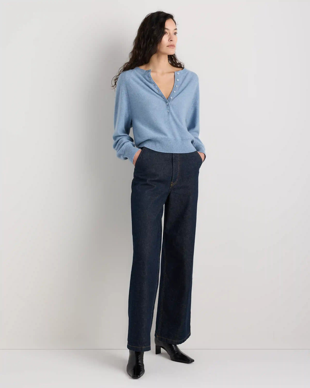 Mongolian Cashmere Dolman Sleeve Henley Sweater