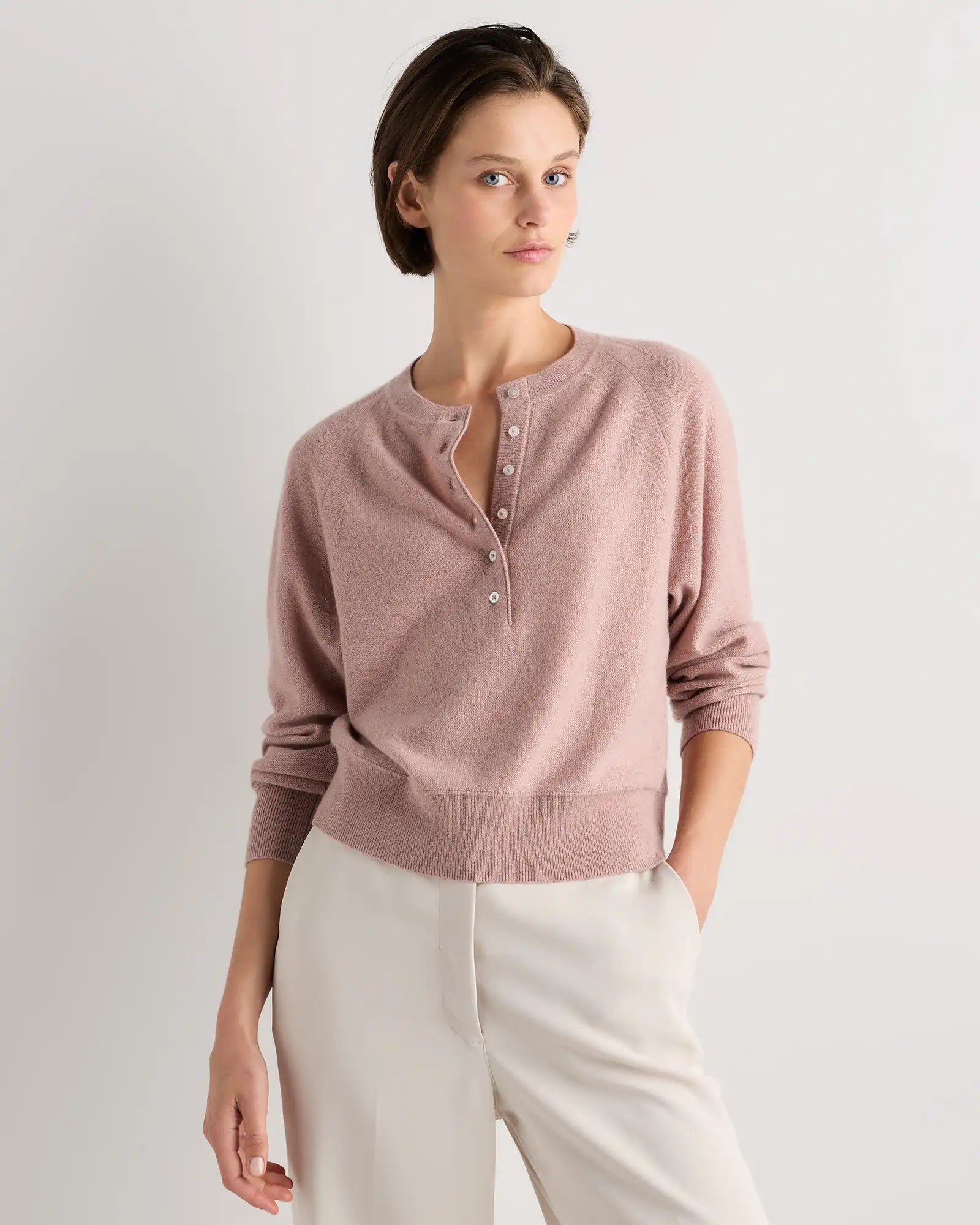Mongolian Cashmere Dolman Sleeve Henley Sweater