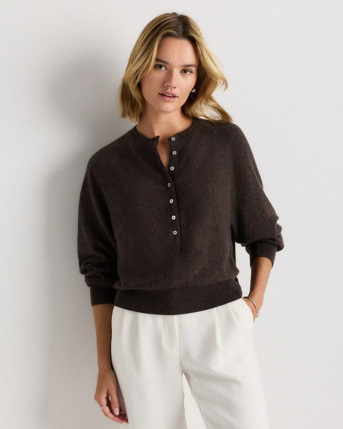 Mongolian Cashmere Dolman Sleeve Henley Sweater