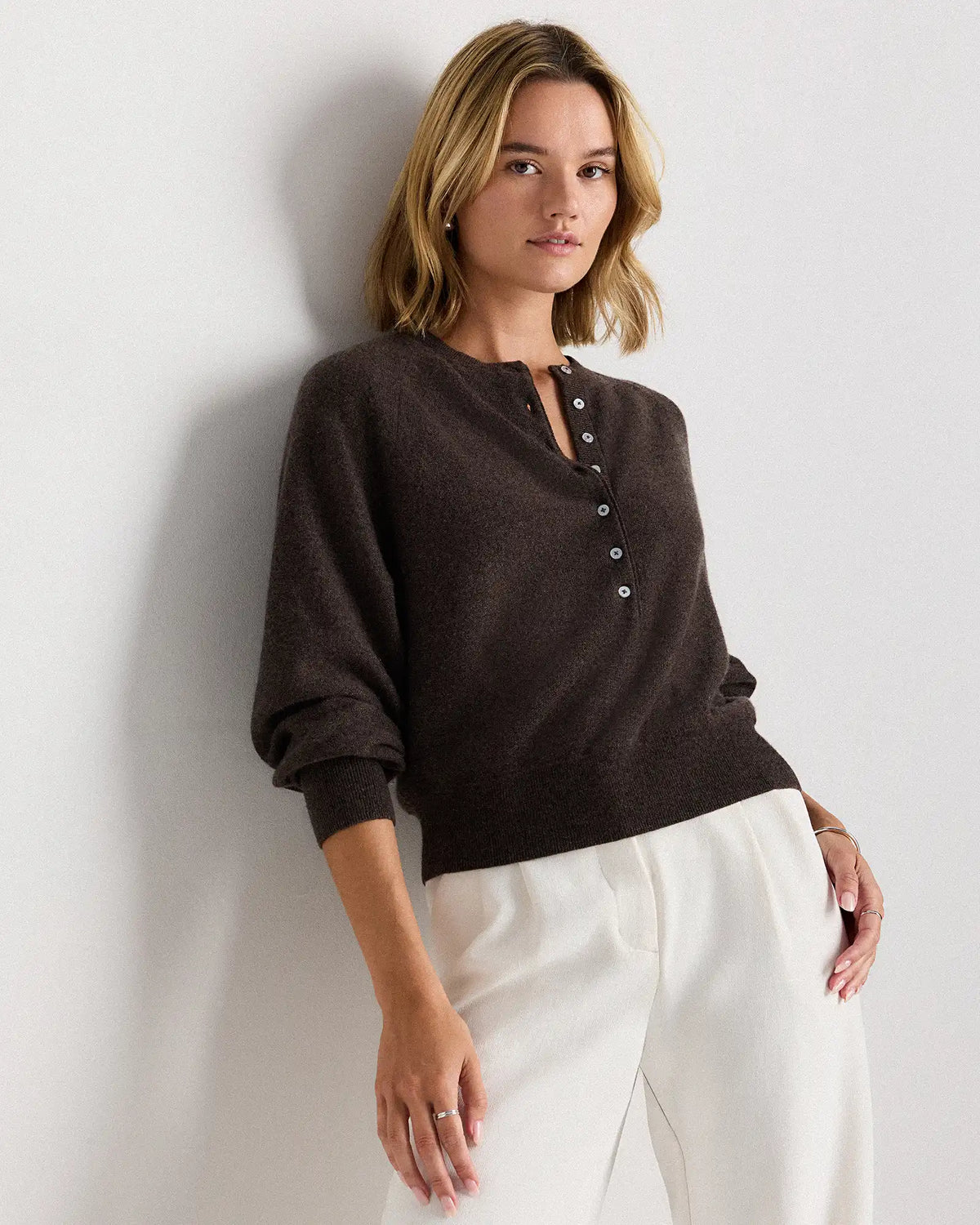 Mongolian Cashmere Dolman Sleeve Henley Sweater