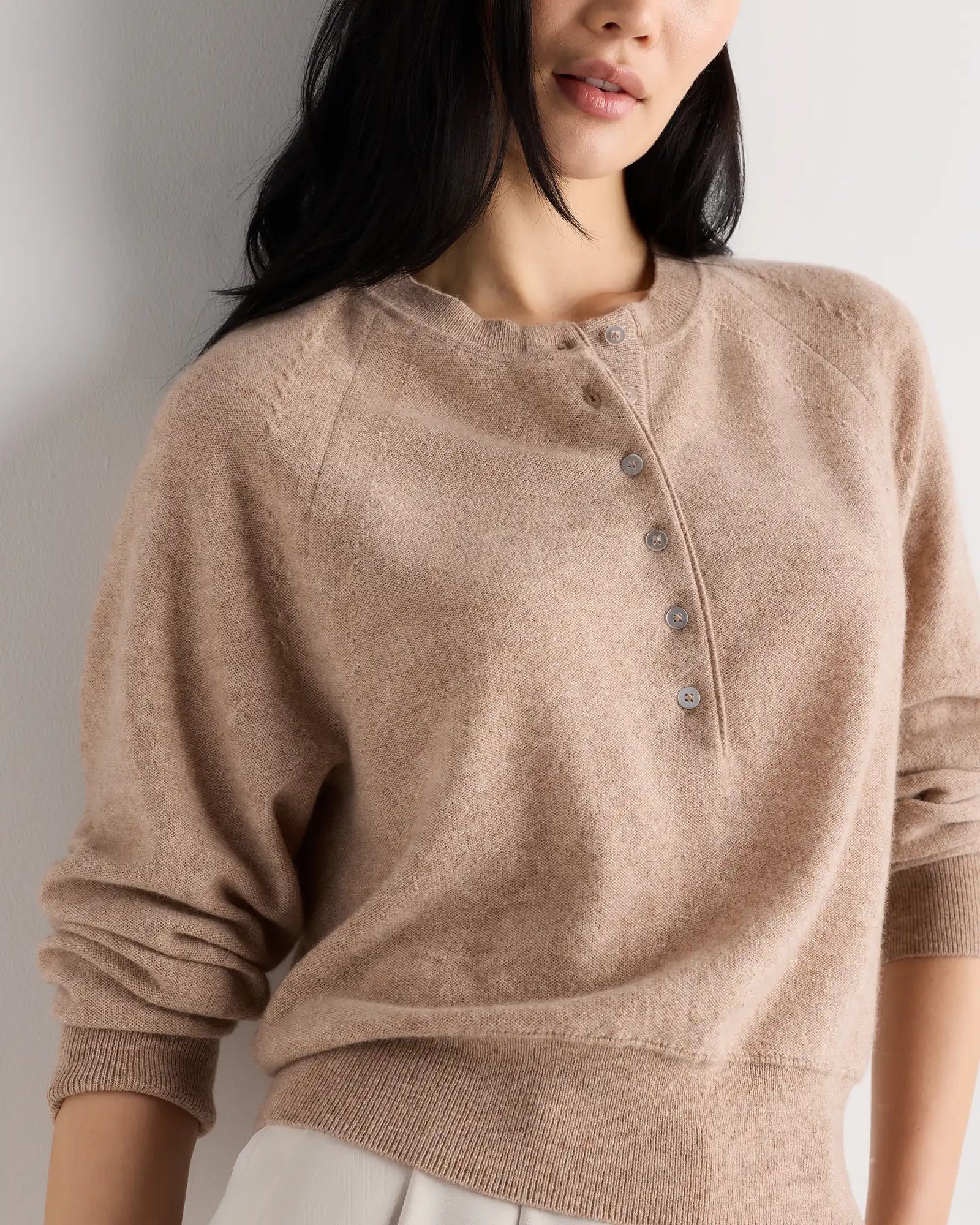 Mongolian Cashmere Dolman Sleeve Henley Sweater
