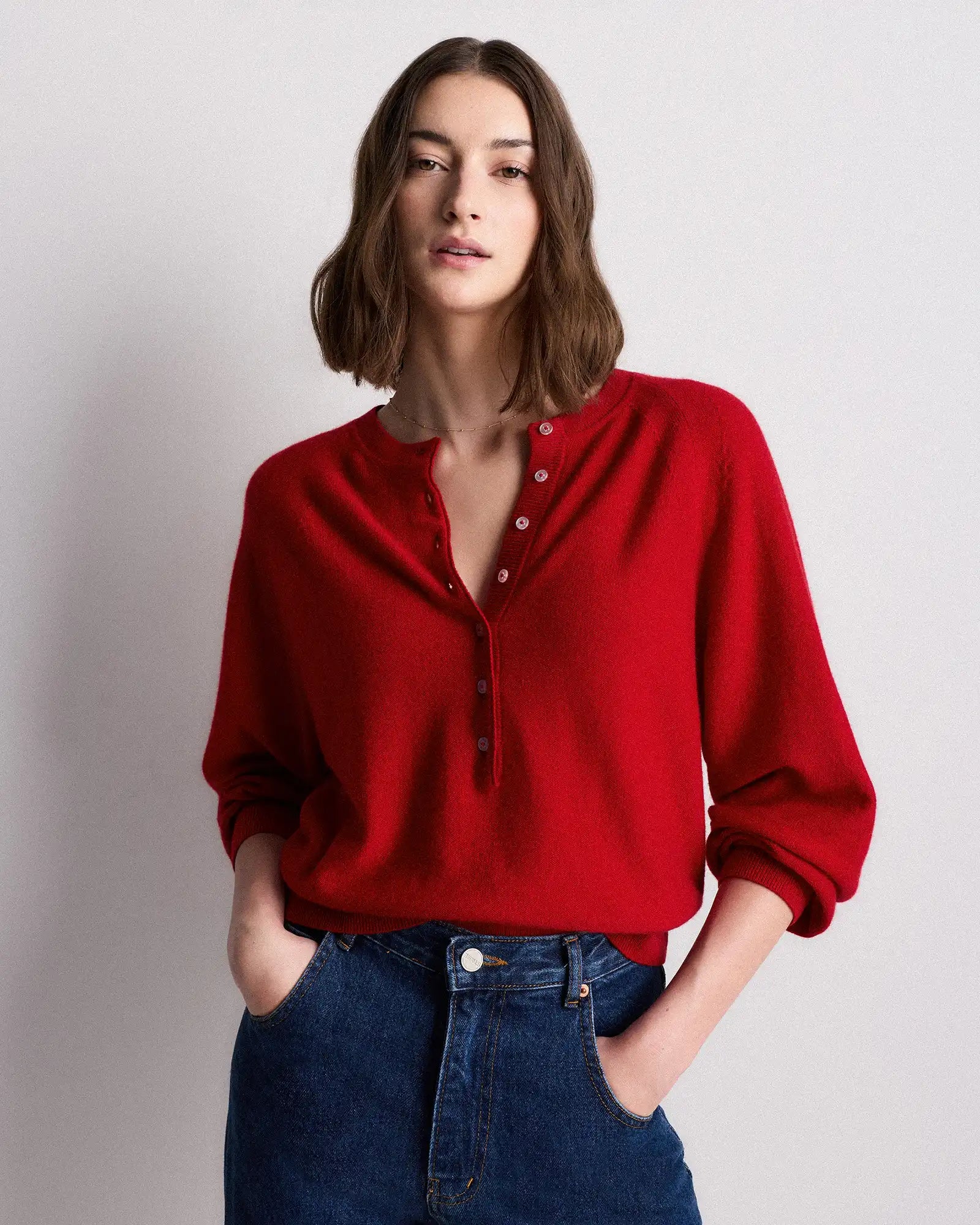 Mongolian Cashmere Dolman Sleeve Henley Sweater