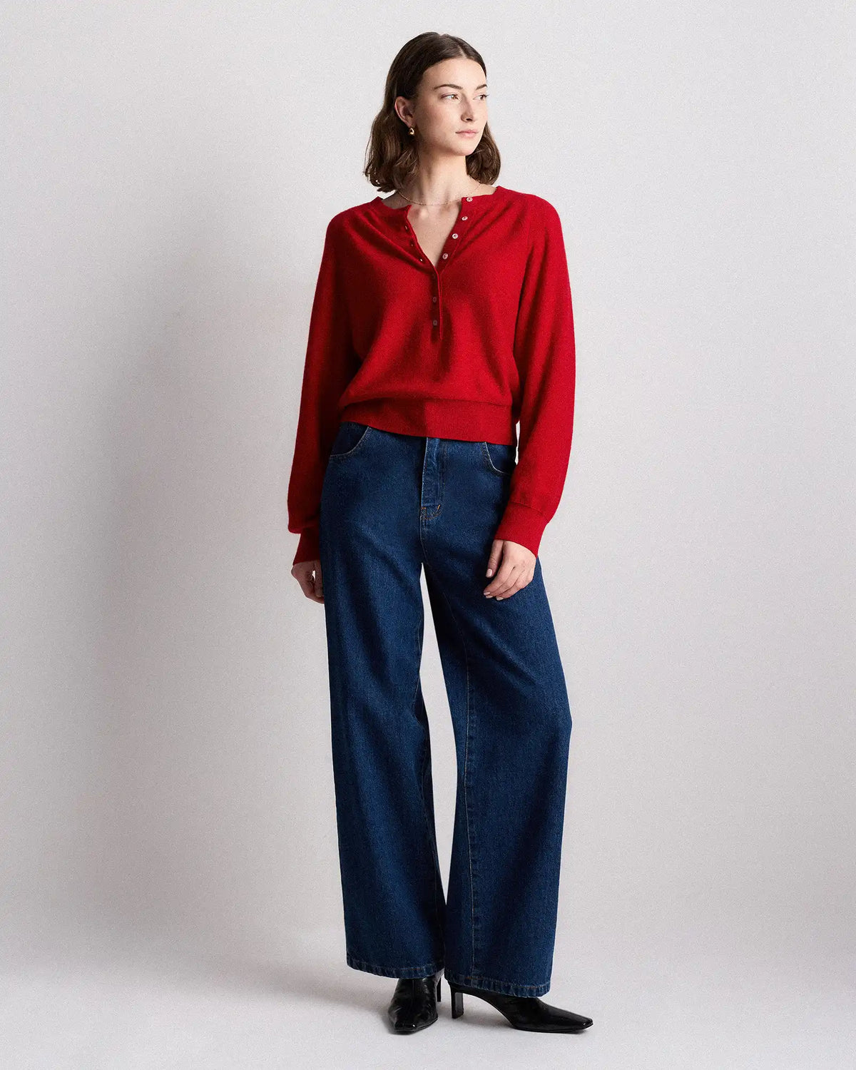 Mongolian Cashmere Dolman Sleeve Henley Sweater