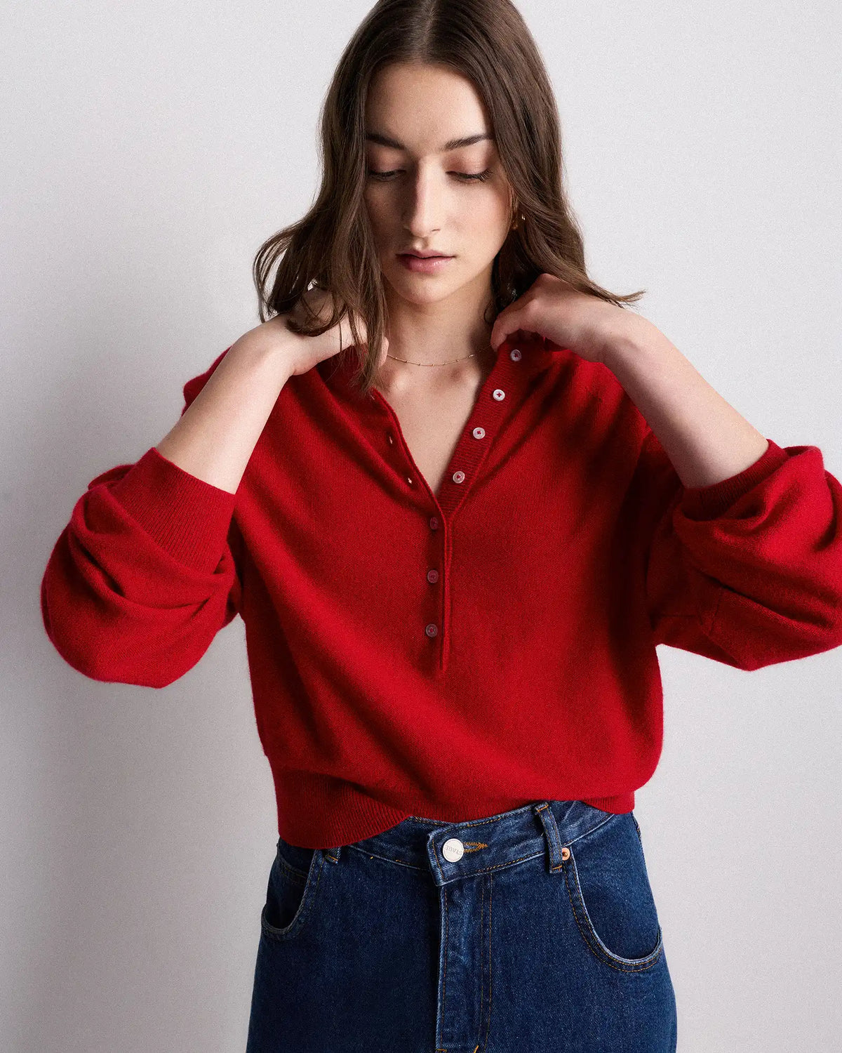 Mongolian Cashmere Dolman Sleeve Henley Sweater