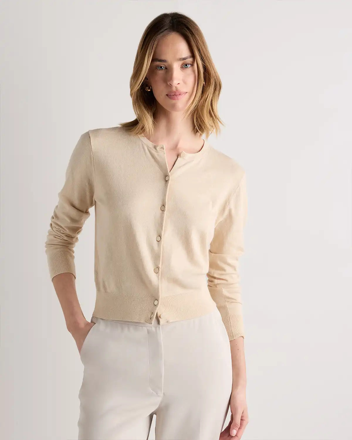 Lightweight Cotton Cashmere Crew Cardigan