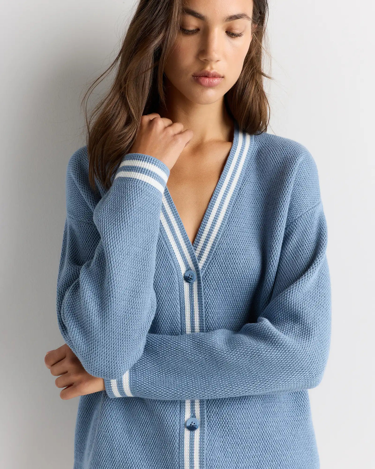 Cotton Cashmere Textured Varsity Cardigan