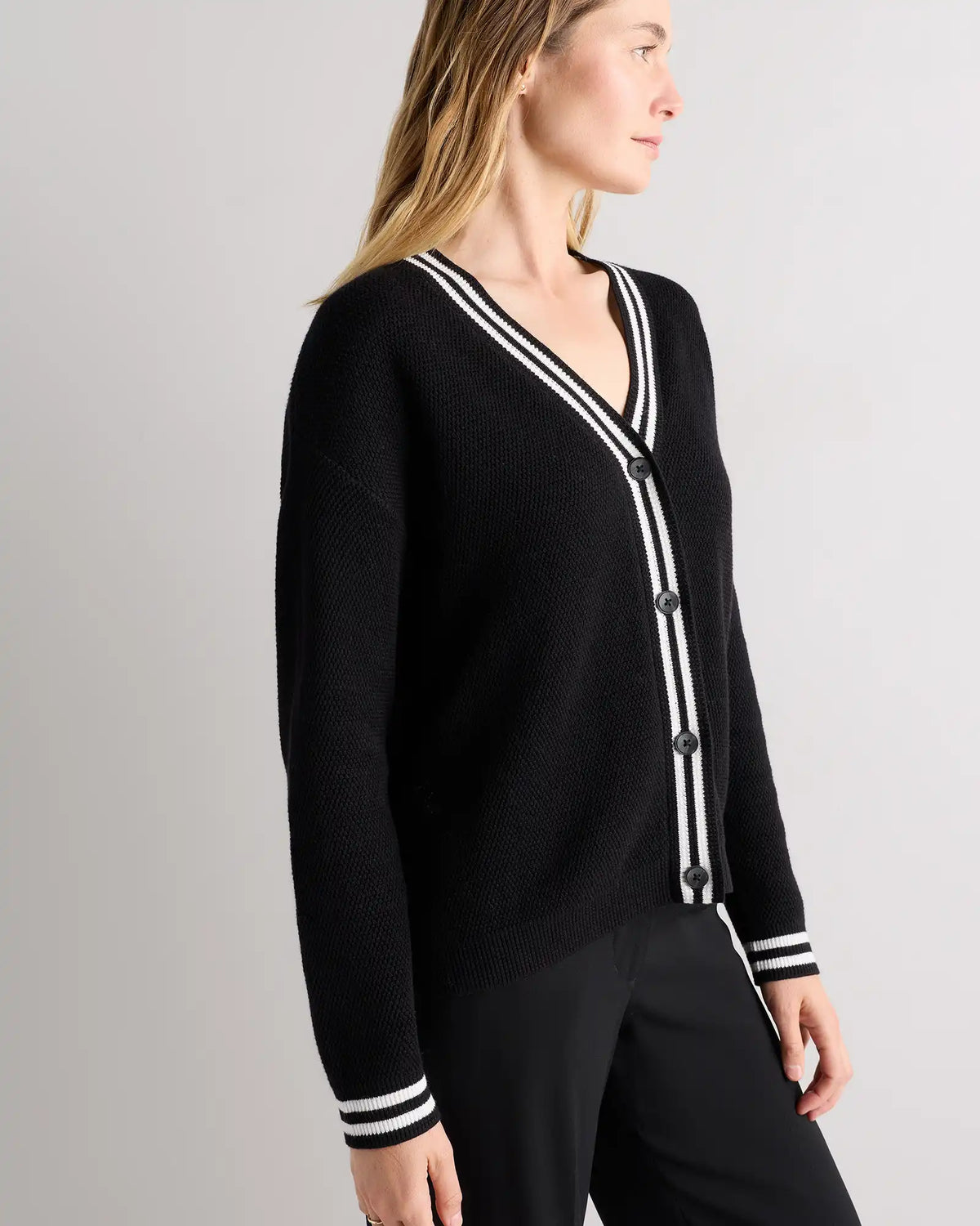 Cotton Cashmere Textured Varsity Cardigan