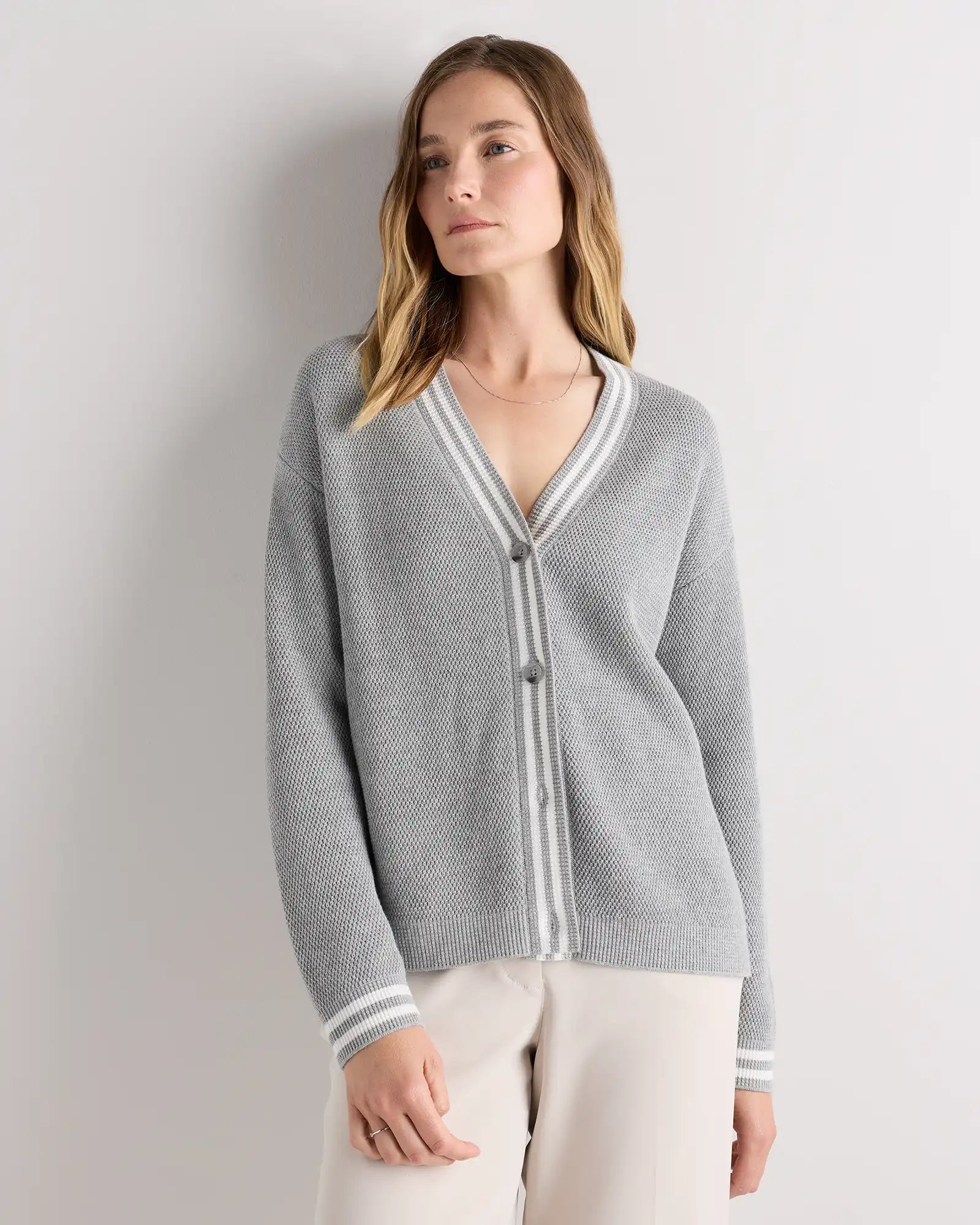 Cotton Cashmere Textured Varsity Cardigan
