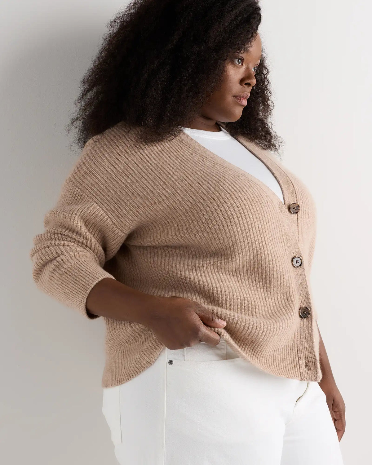 Mongolian Cashmere Fisherman Boxy Cropped Cardigan Sweater
