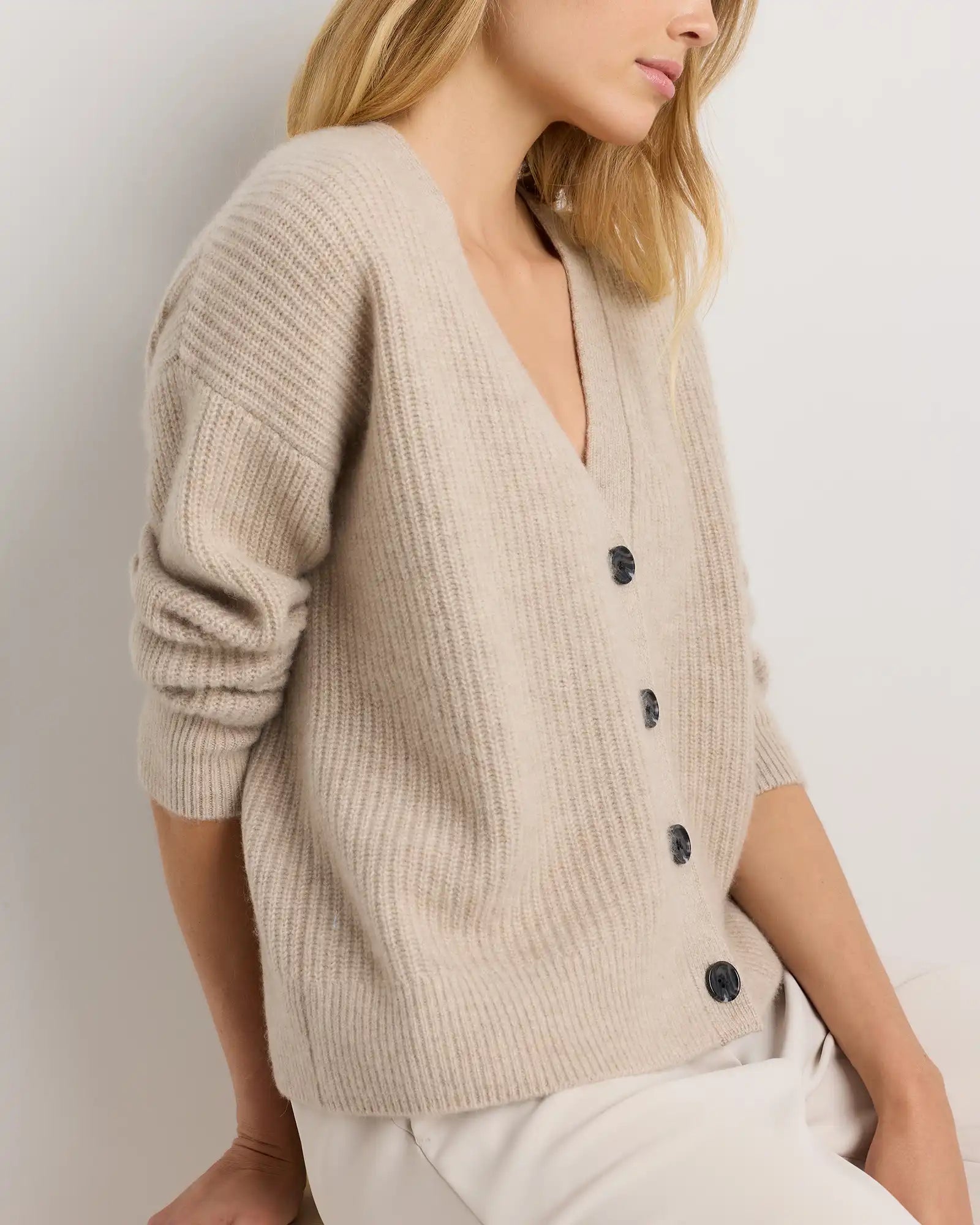 Mongolian Cashmere Fisherman Boxy Cropped Cardigan Sweater