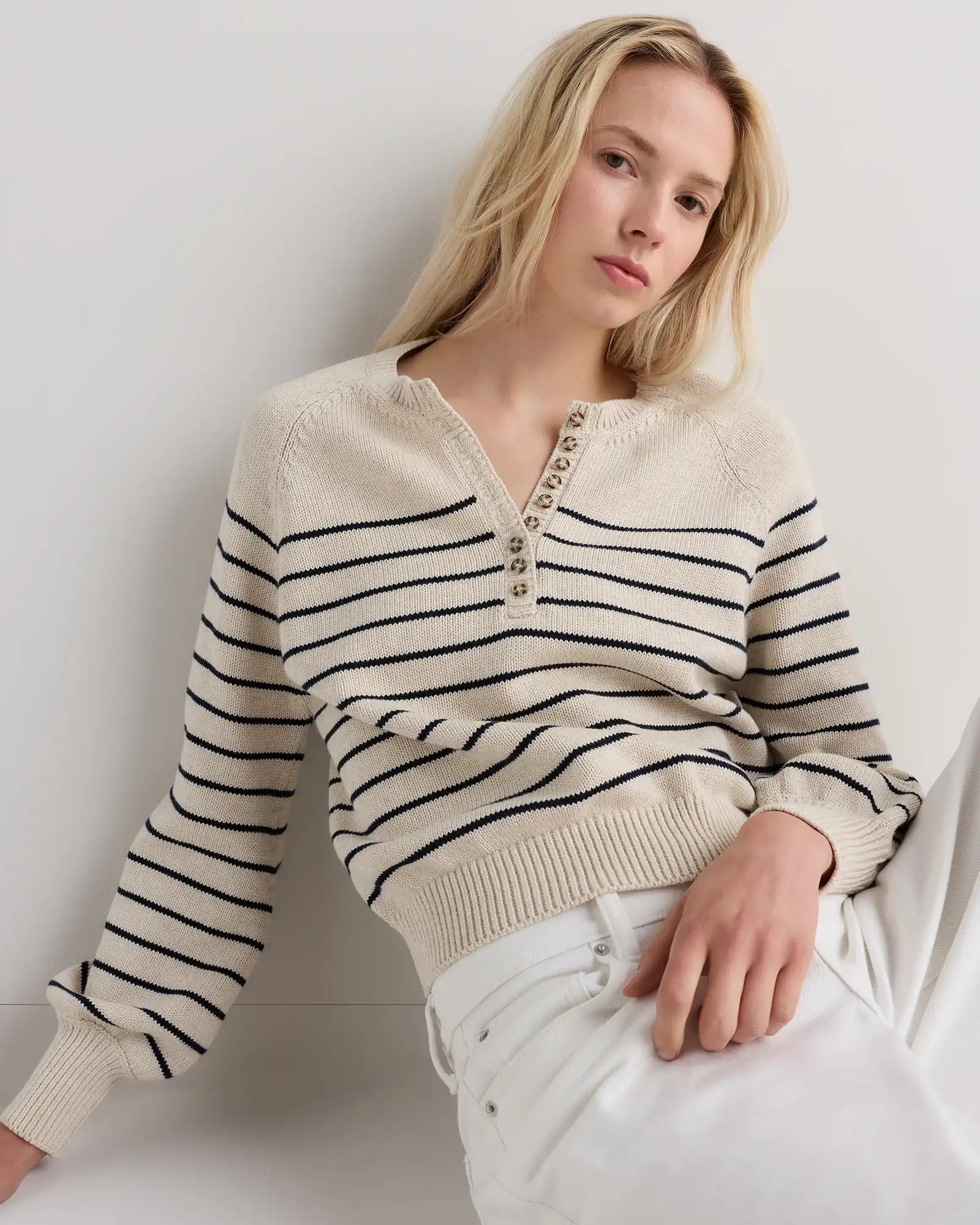 100% Organic Cotton Striped Henley Sweater