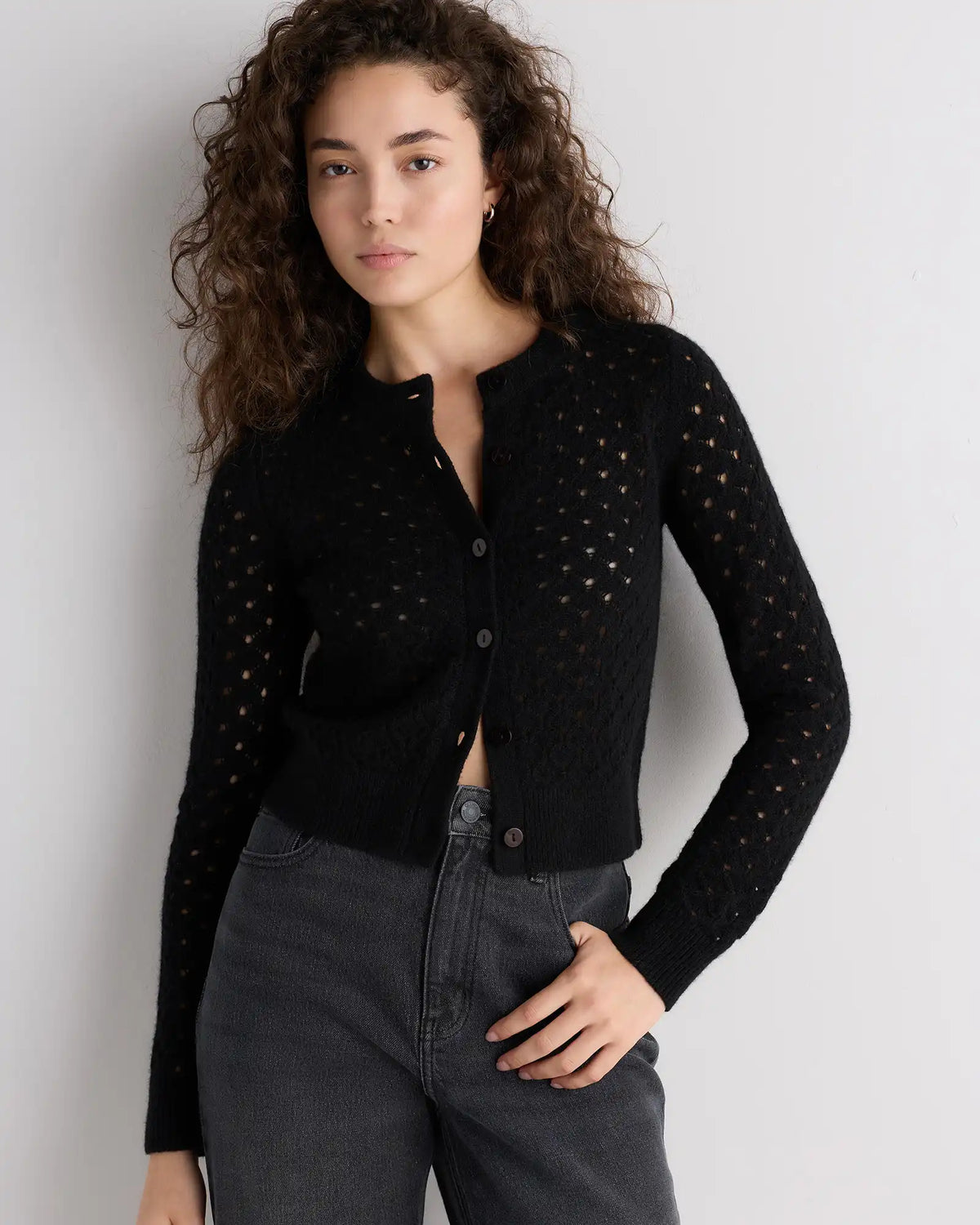 100% Yak Wool Shrunken Pointelle Detail Cardigan