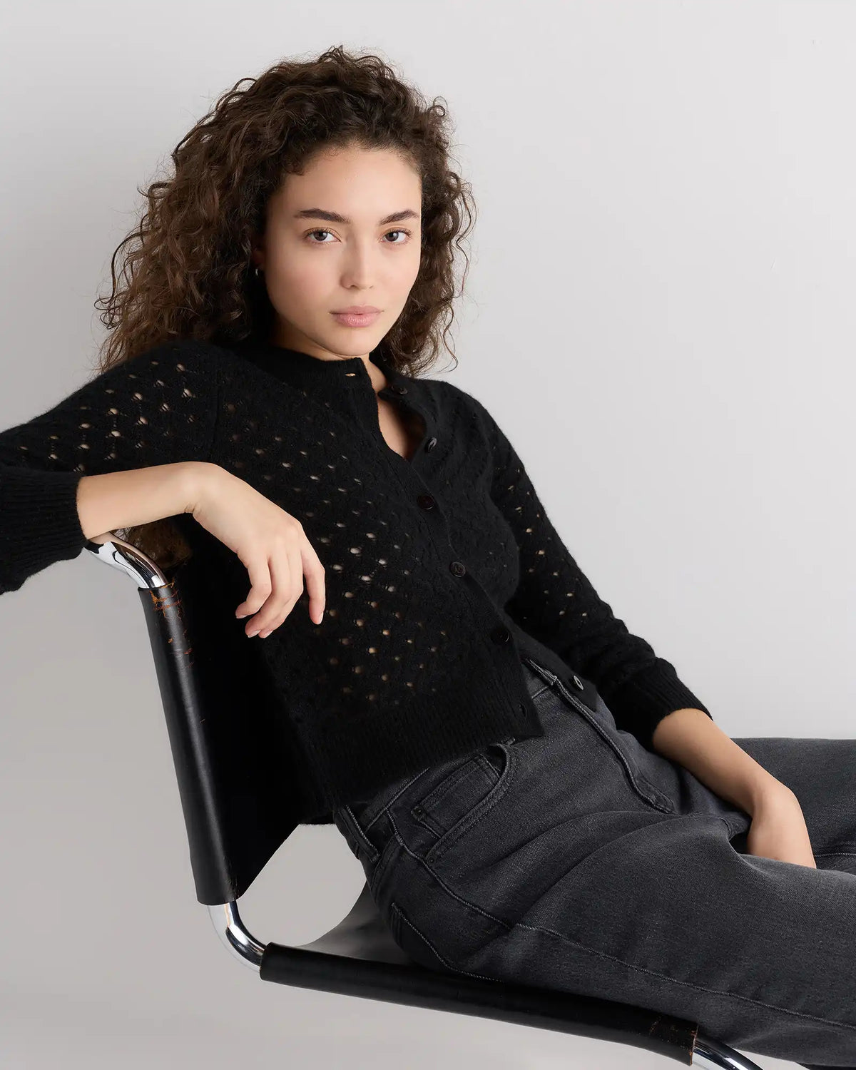 100% Yak Wool Shrunken Pointelle Detail Cardigan