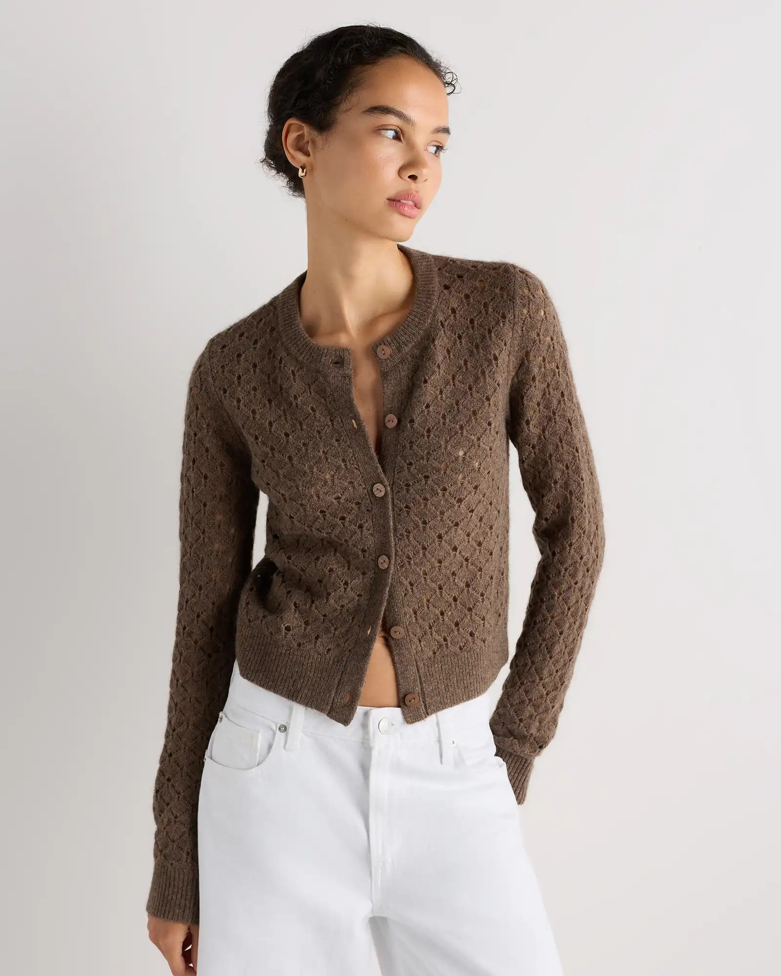 100% Yak Wool Shrunken Pointelle Detail Cardigan